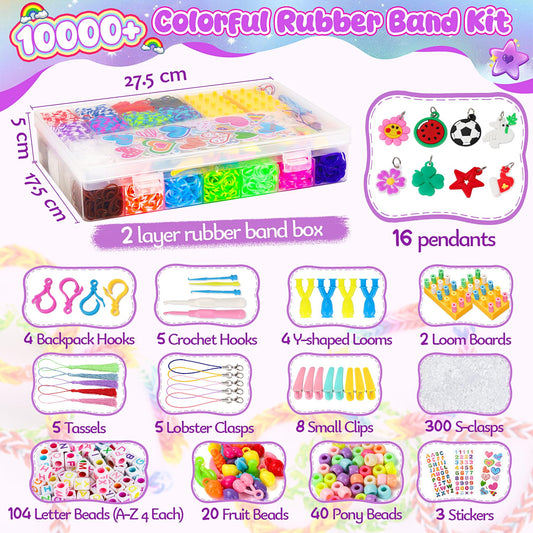 10000+ loom bands set, 2 layer colorful rubber bands kit for bracelets, DIY elastic loom bands kids bracelet making with beads hook charms storage box for beginner boys girls gift