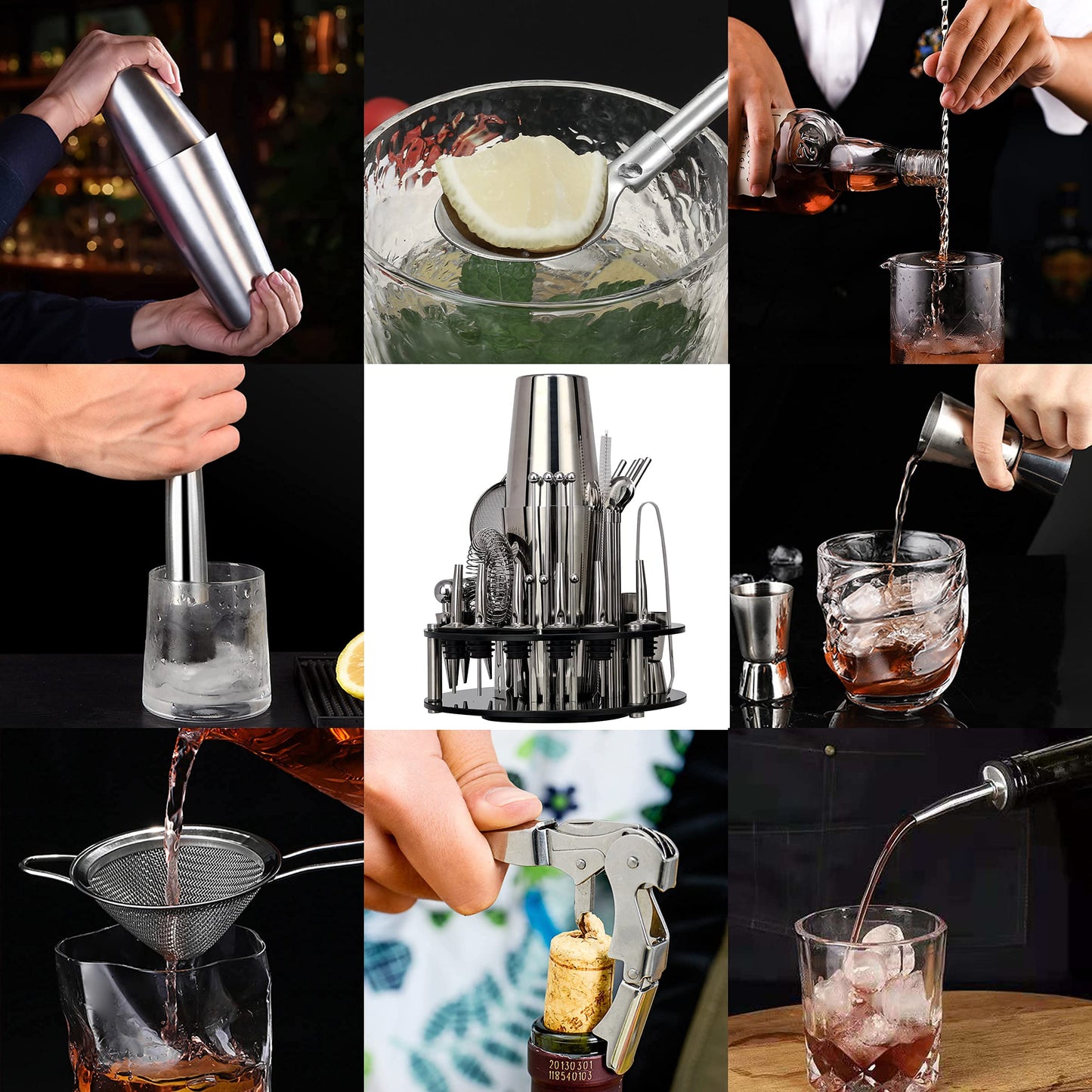 CKductpro Cocktail Set, 41-piece stainless steel Cocktail Shaker Set, 360° rotating acrylic stand, Bartender Set Bar Gift Set (41-Piece)