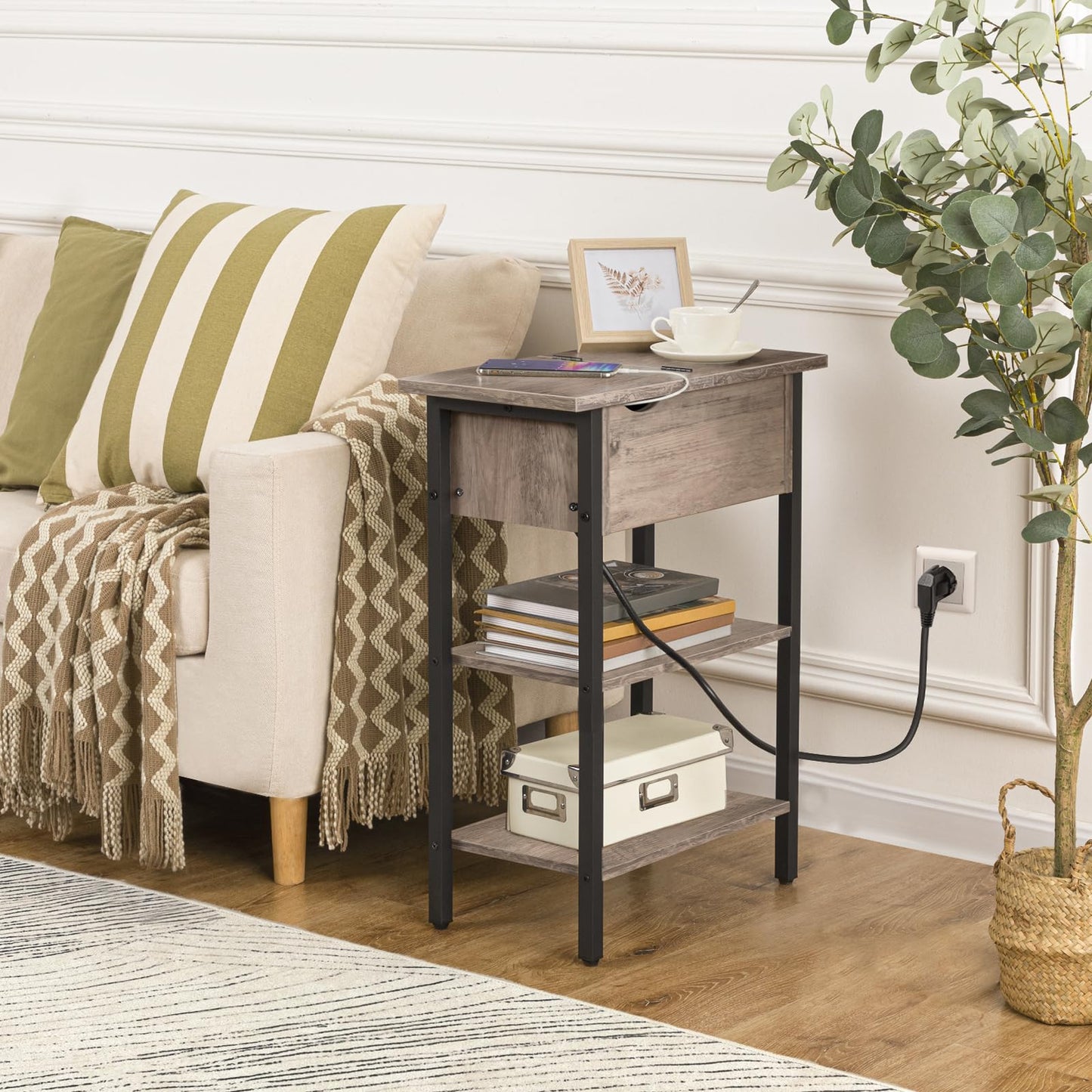 HOOBRO Side Table, Flip-Top Coffee Table with Charging Station and Shelf, Narrow Bedside Table for Small Spaces, Bedroom, Living Room, Sturdy, Greige-Black EBG342BZ01