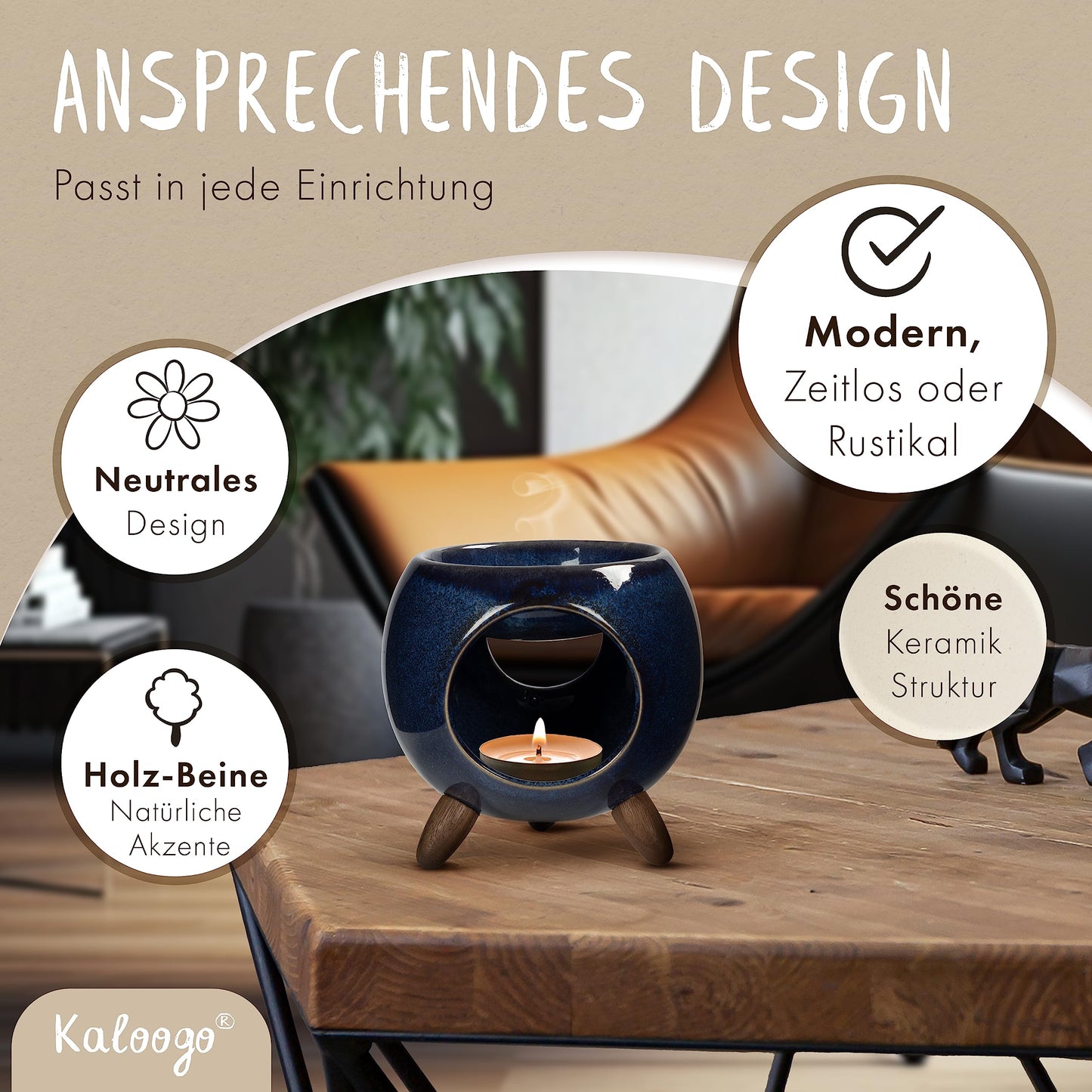 Kaloogo Sabai Scent Ceramic Oil Diffuser - Elegant fragrance light - Stable design - perfect heat release - high-quality tea light diffuser for scent wax and oil (ocean blue)