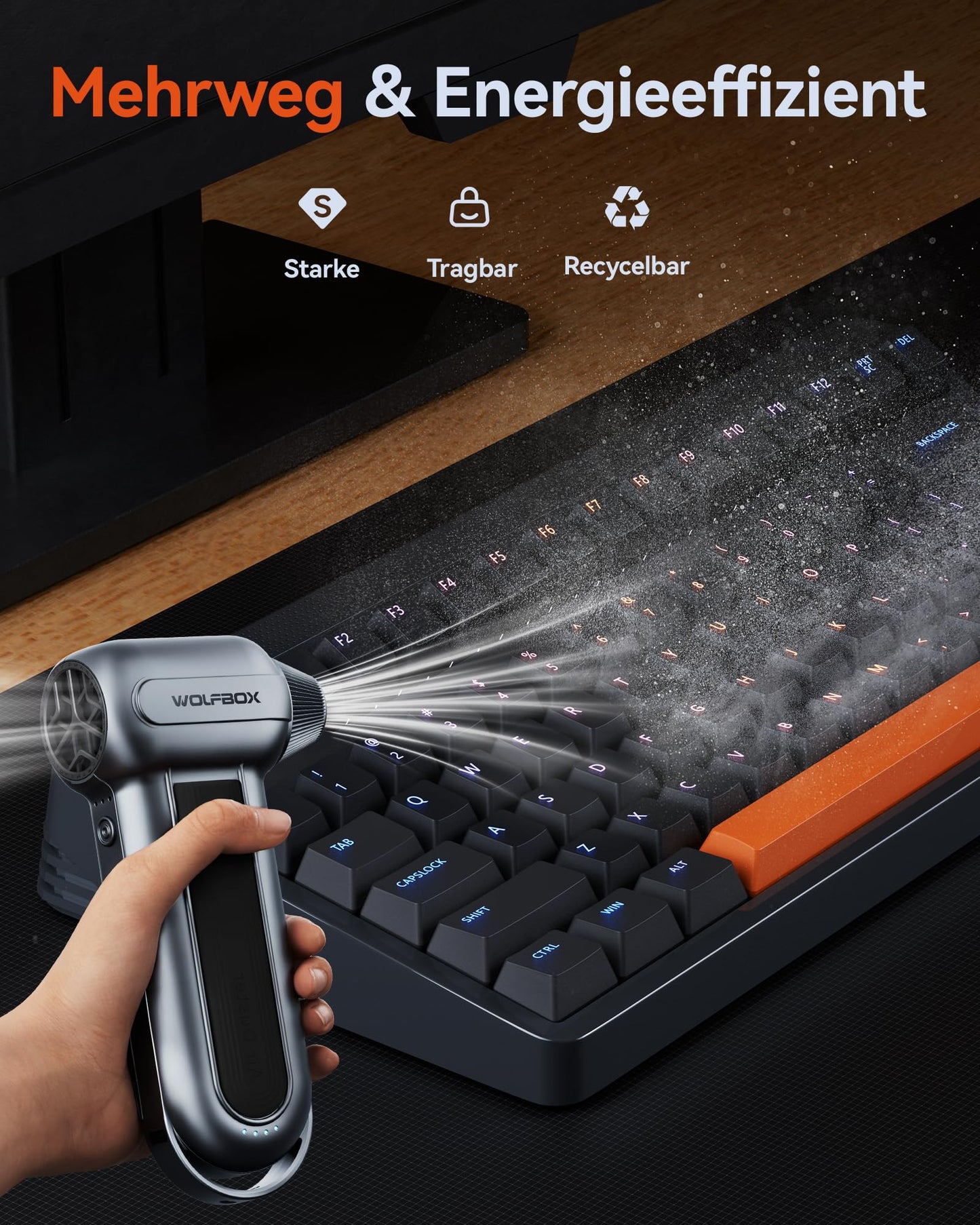 WOLFBOX MF100 Electric Air Duster - 150000RPM Super Power Cordless Air Duster, rechargeable air blower, 3-speed adjustable mini blower, dust blower for computer, keyboard, outdoor, home, and car.