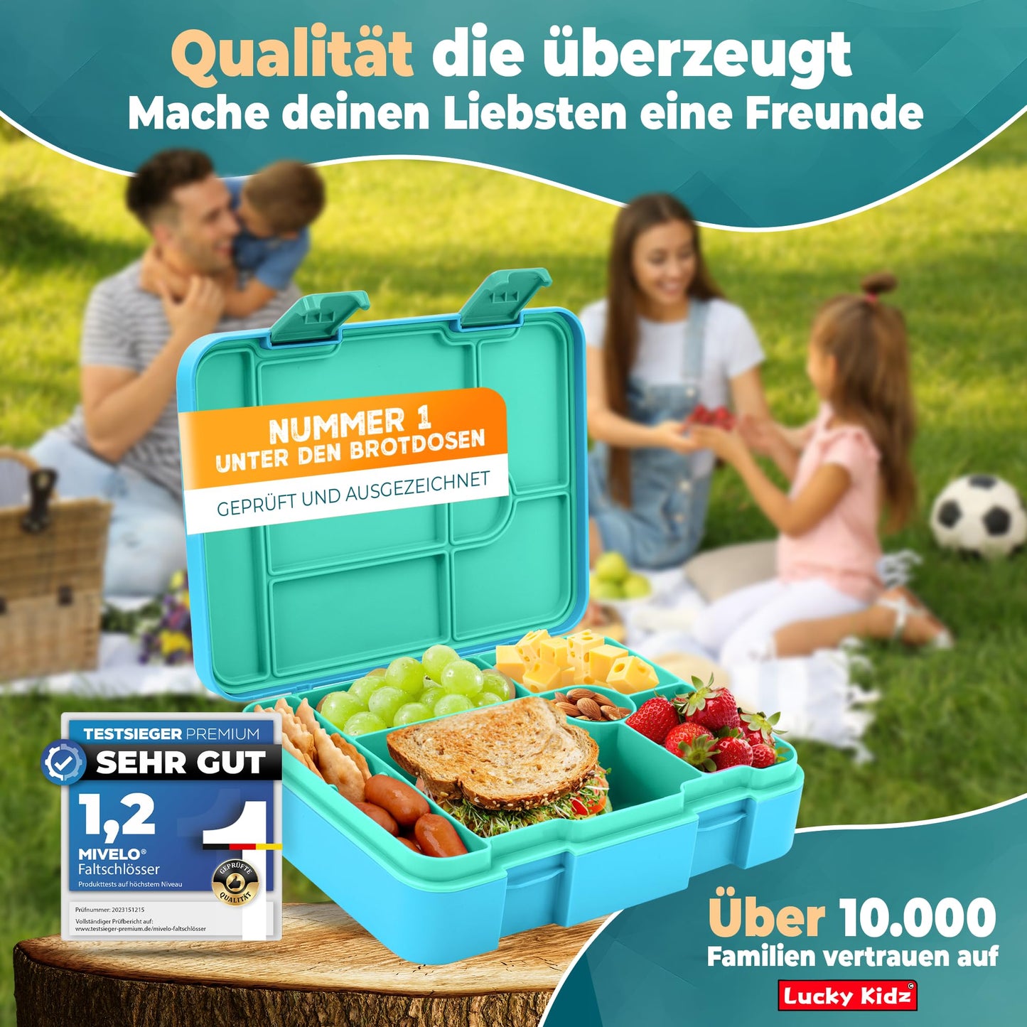 LUCKY KIDZ© Lunchbox for kids with compartments, Bento Box, Leak-proof & BPA free, Snack box, Lunch box, Bread box, Breakfast box, Bentobox