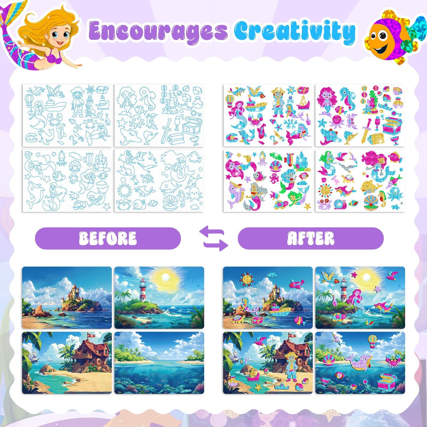 CutteeyFyry Foil Fun for Kids, Mermaid & Princess Foil Art for Kids, Craft Sets for Girls Ages 3-10, Kids Activity Kits Travel Toys Christmas Birthday Easter Gifts