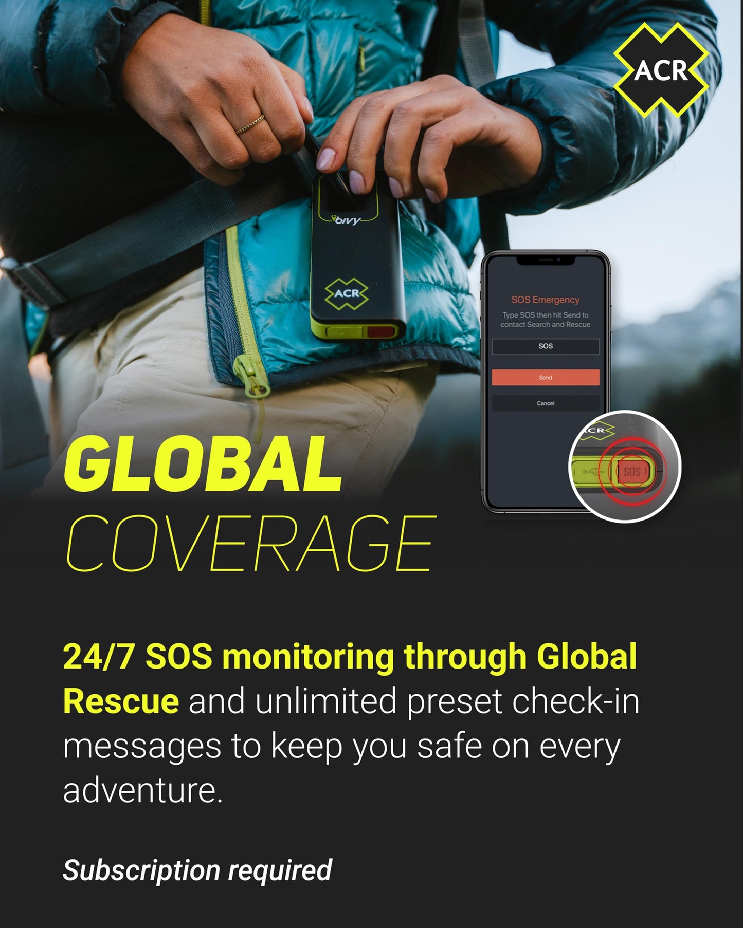 ACR Bivy Stick Satellite Communicator - Two-way text messaging, GPS tracking, maps and navigation, emergency SOS, weather reports, and location sharing, app compatible.