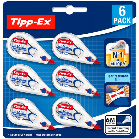 Tipp-Ex 962703 Correction Tape Mini Pocket Mouse, 6m x 5mm, 2x3 Pack, Ideal for office, home office, or school & Amazon Basics - Index Cards, lined, A6, 200 pieces.