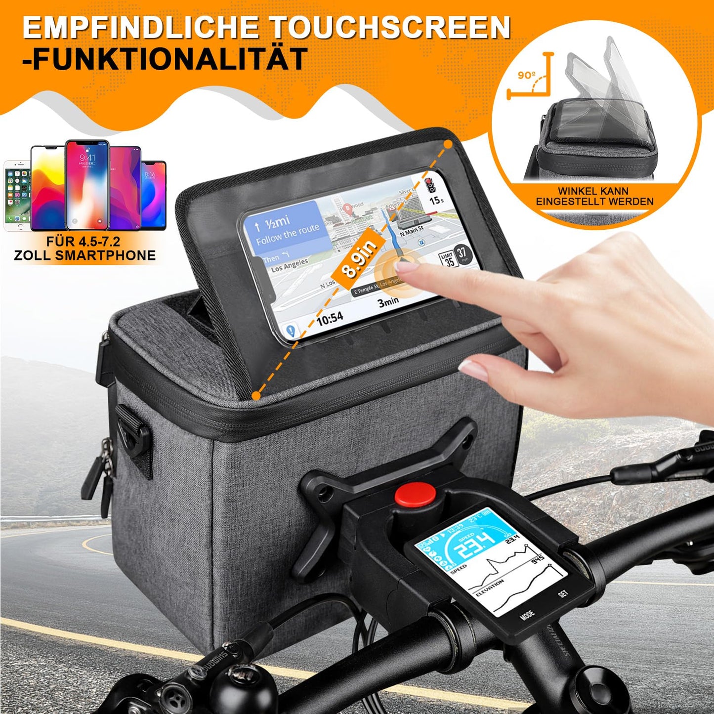 GXCROR handlebar bag for bike 5.5L Waterproof, with touchscreen phone holder & shoulder strap - Universal for e-bike, mountain bike, city bike.