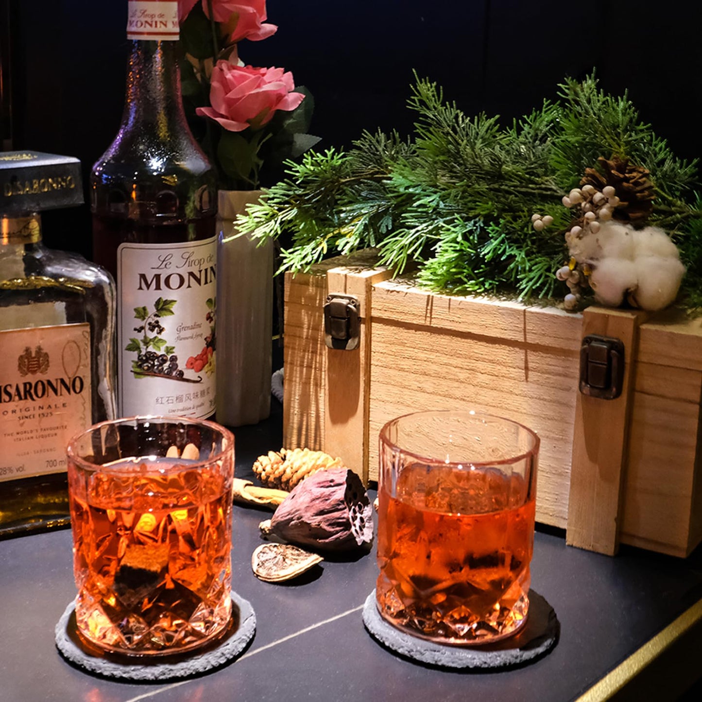 Whiskey glass and stone set gift for men husband dad special gift - 8 whiskey granite cooling stones - 2 glasses 10 oz - 2 coasters - tongs cocktail recipe wooden box Christmas/birthday.
