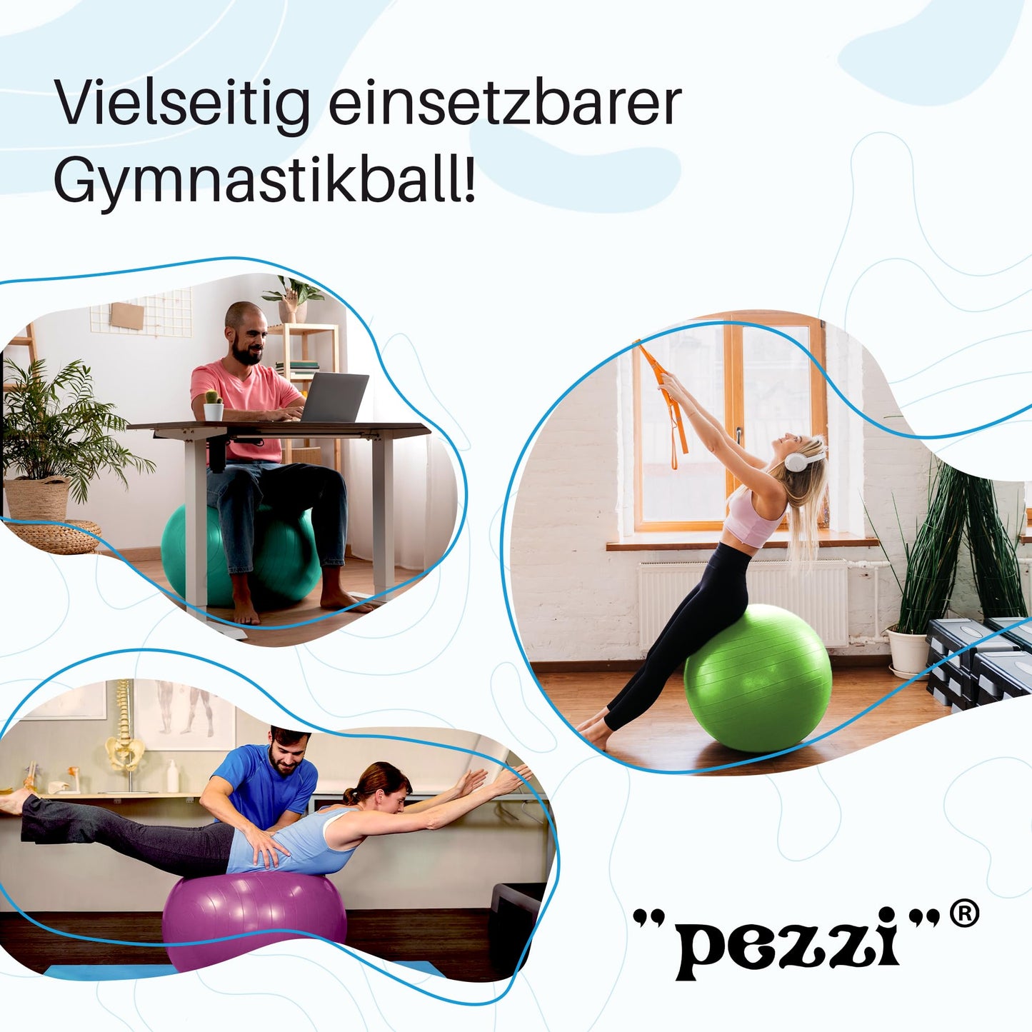 PEZZI - Gymnastics Ball Original Pezziball Standard 75cm Ø - Exercise ball for therapy, sports & office - Universal training ball made of sturdy PVC, up to 400 kg load capacity - Purple