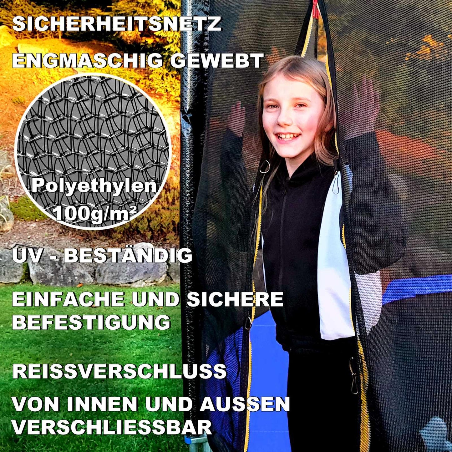 Baunsal® Trampoline Safety Net Ø 427 cm (JS+EXD-M) for 6 poles Net height 180 cm Replacement parts for trampoline net Trampoline safety net Children's trampoline replacement net Outdoor trampoline