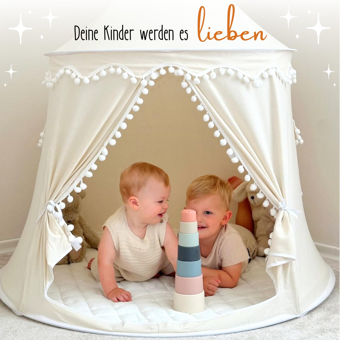 LIONHERZ® THE ORIGINAL play tent for kids, breathable cotton & hemp | Fairy tale castle with fiberglass poles and carrying bag | sturdy teepee for boys girls (cream white, without accessories)
