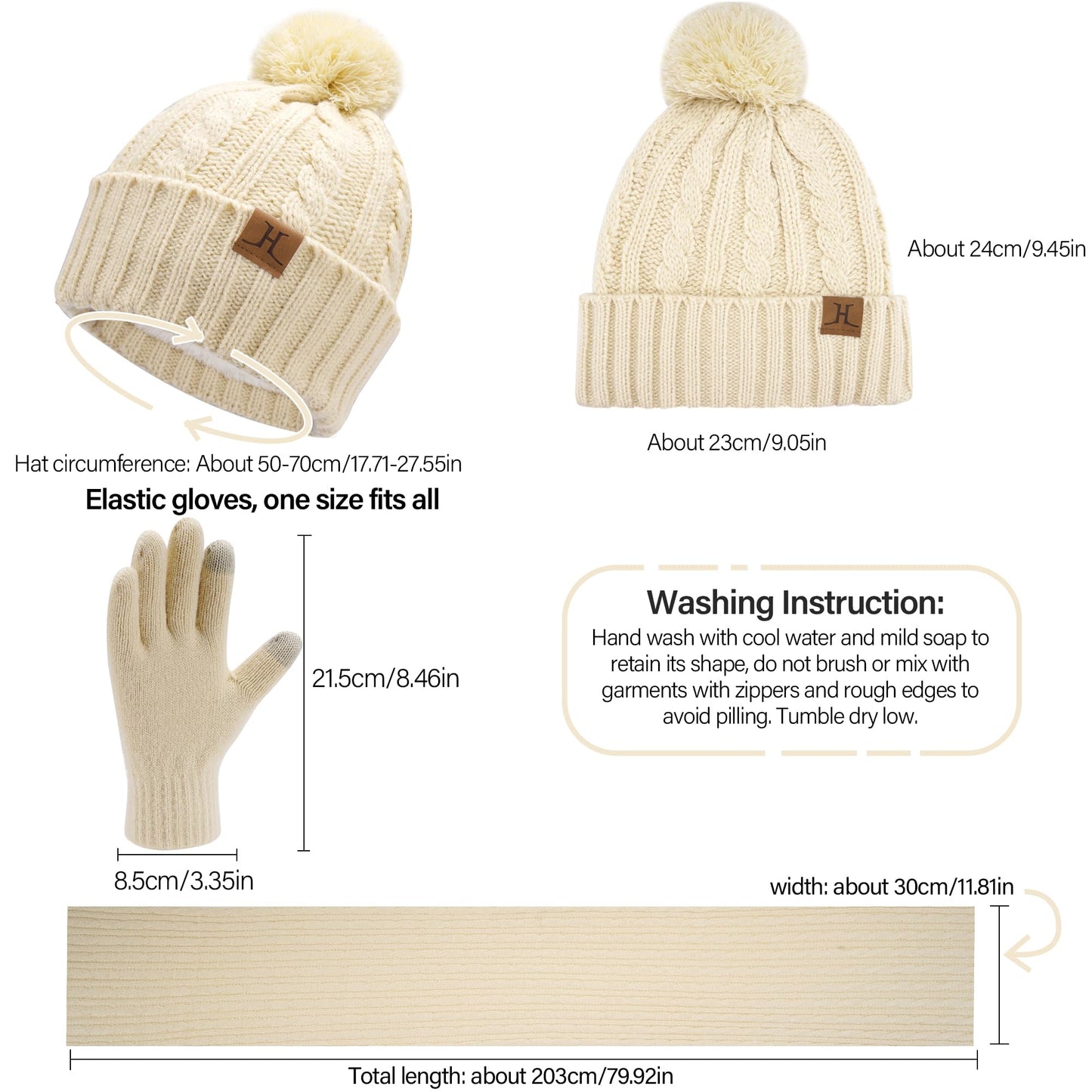 Comfortable charging women's winter warm beanie hat touchscreen gloves long scarf set with fleece lining, thermal winter hat pom pom beanies scarves winter gloves women's gift, apricot