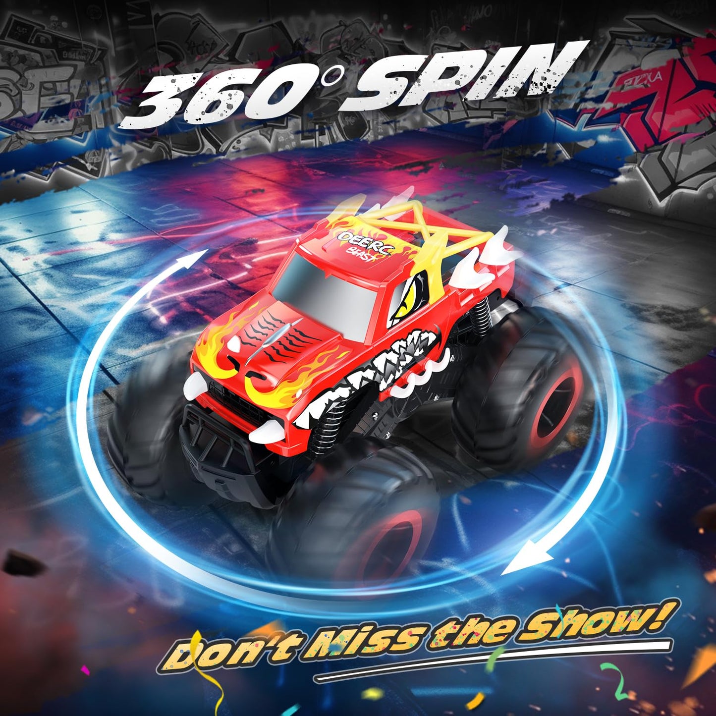 DEERC Amphibious Remote Control Car 1:16, 4WD Off-Road Monster Trucks in Fire Dragon Design with 2 batteries for land and water, 360 degree rotation, perfect gift for kids aged 6,7,8,9,10+ years.