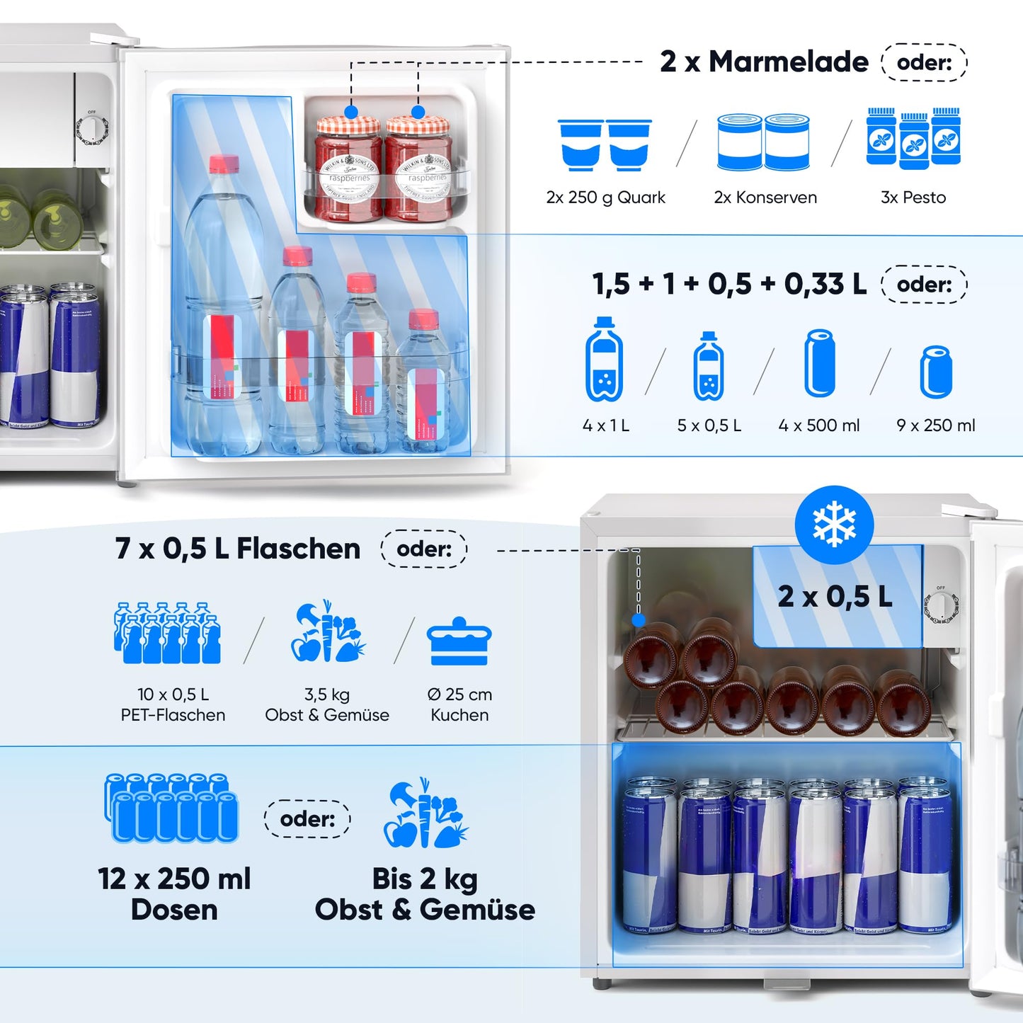 Stillstern Mini Fridge 45L with defrost function, lock, freezer compartment, quiet operation, ideal for kitchen, office, bedroom, hotels, and small apartments. Small refrigerator, minibar, beverage cooler in white.