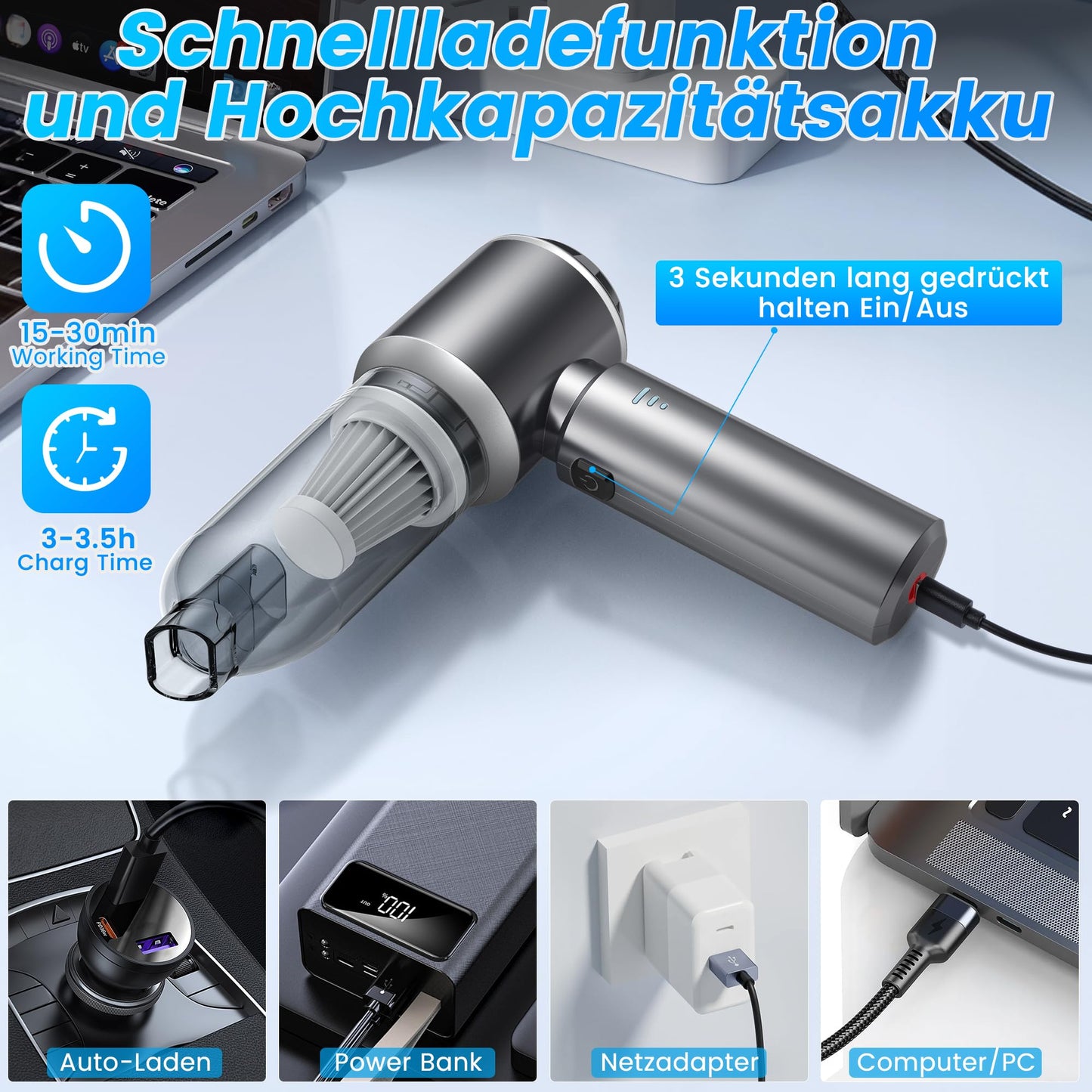 WILLONG Handheld Vacuum Cleaner Cordless, Car Vacuum Cleaner 18000Pa Mini Vacuum Cleaner, Rechargeable Portable Lightweight Auto Vacuum Cleaner Strong, for Car, Office, Kitchen, Pet Hair