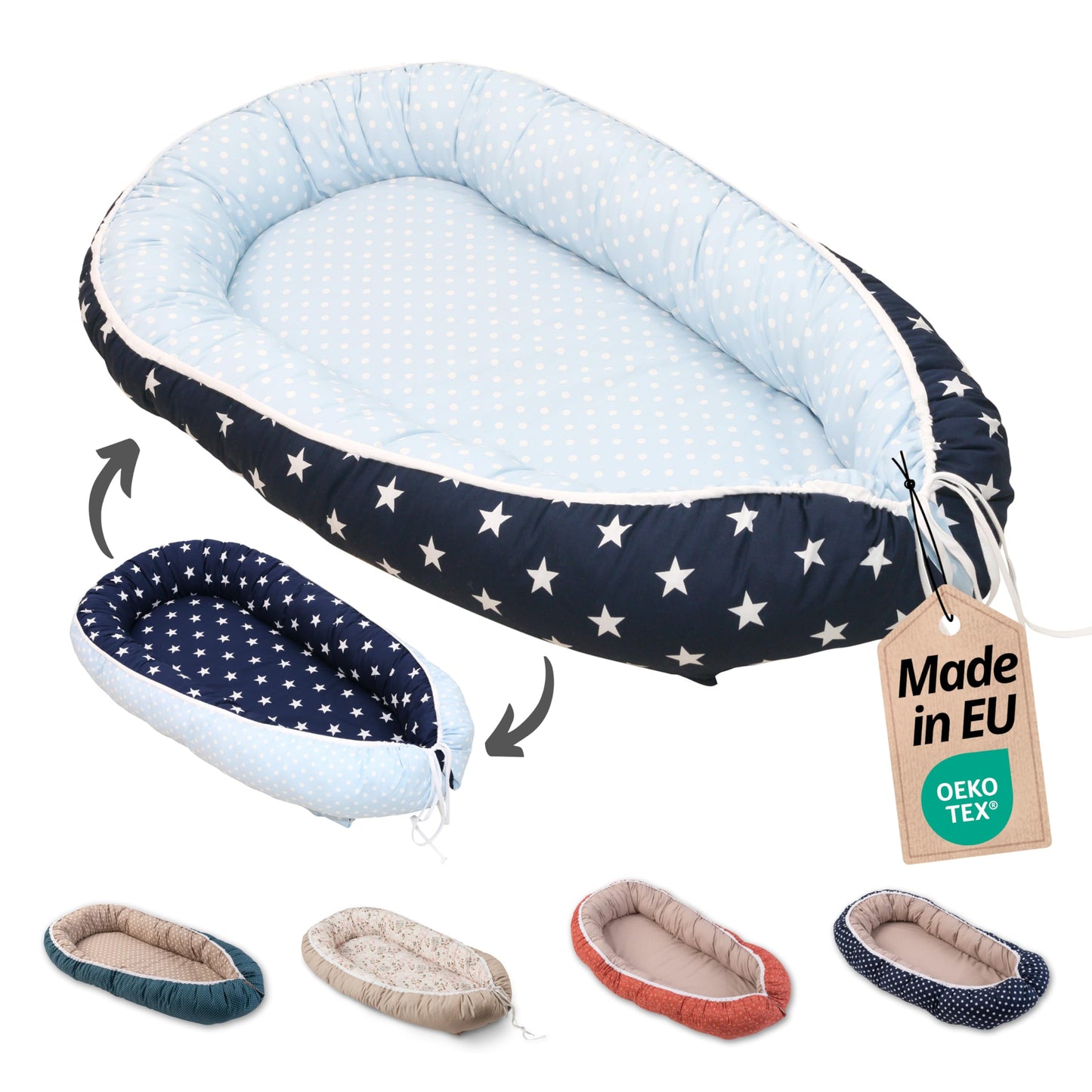ULLENBOOM Baby nest - 100% OEKO-TEX materials & Made in EU, Blue Light blue - Baby nest for newborns made of cuddly cotton, Ideal as a travel bed & cuddle nest.