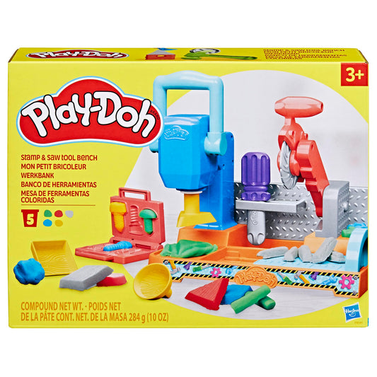 Play-Doh workbench playset, 5 x 56g cans of modeling compound in colorful colors, with circular saw toy, tools, and stamps, creative for children ages 3 and up.