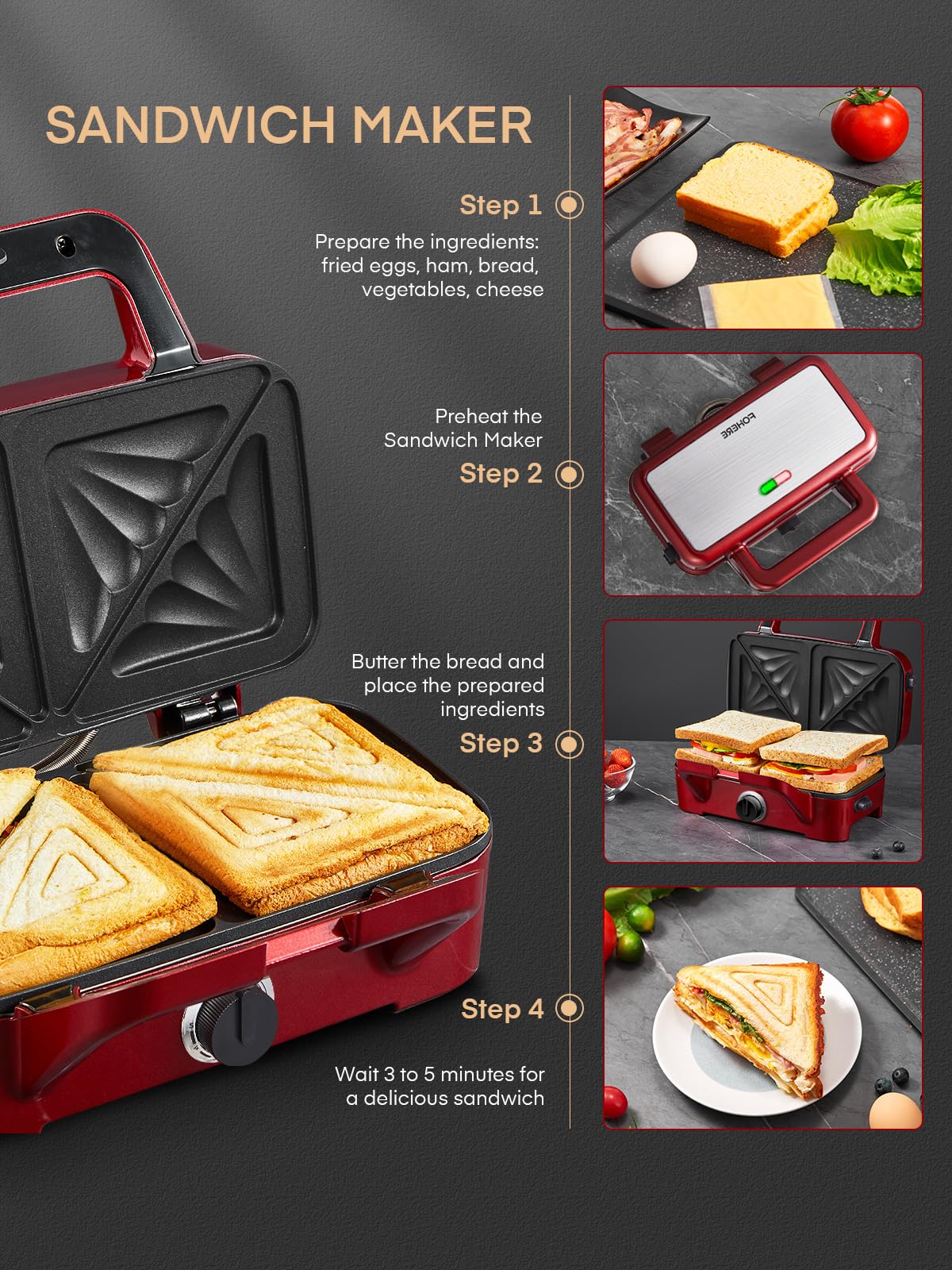 3 in 1 sandwich maker, 1200W waffle iron/contact grill/sandwich toaster, 5-level temperature control, non-stick plates, heat-insulated handle, dishwasher safe, LED lights, red.