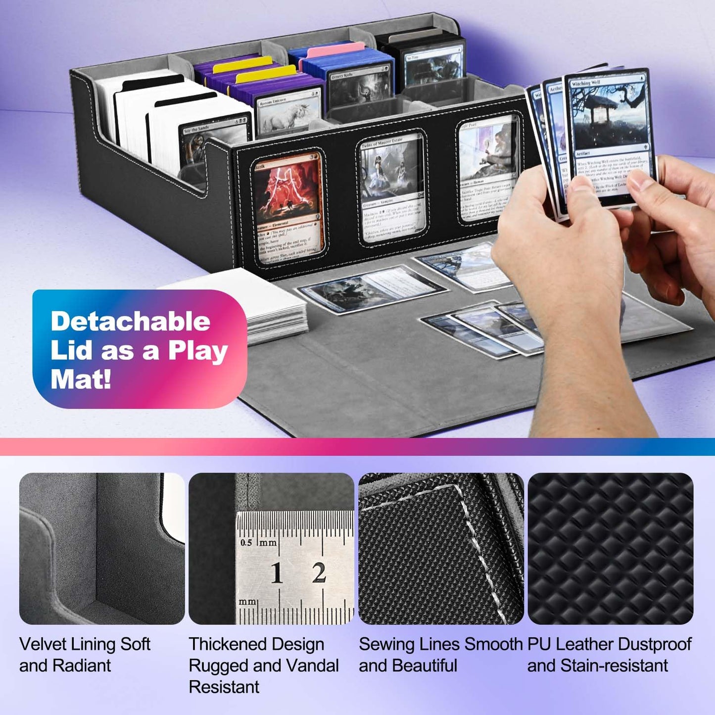 UAONO Trading Card Storage Box for Commander display, 2400+ MTG deck box with 4 toploaders, TCG card case suitable for Magic PTCG sports cards (black & gray)
