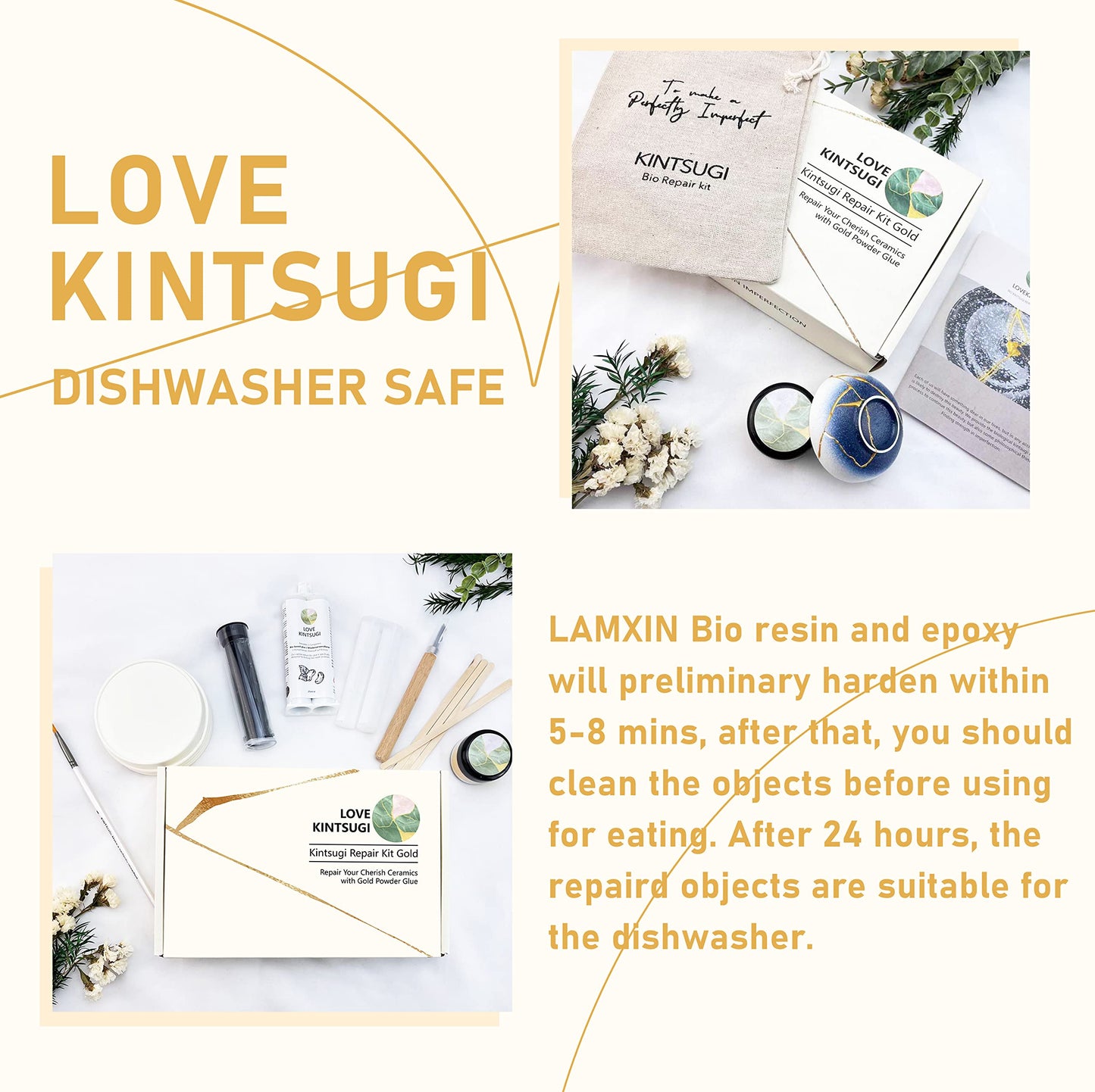 LAMXIN Bio Kintsugi Set - The repaired dishes are dishwasher safe, made with organic materials. Repair ceramics, vases with gold adhesive. Japanese repair art craftsmanship.