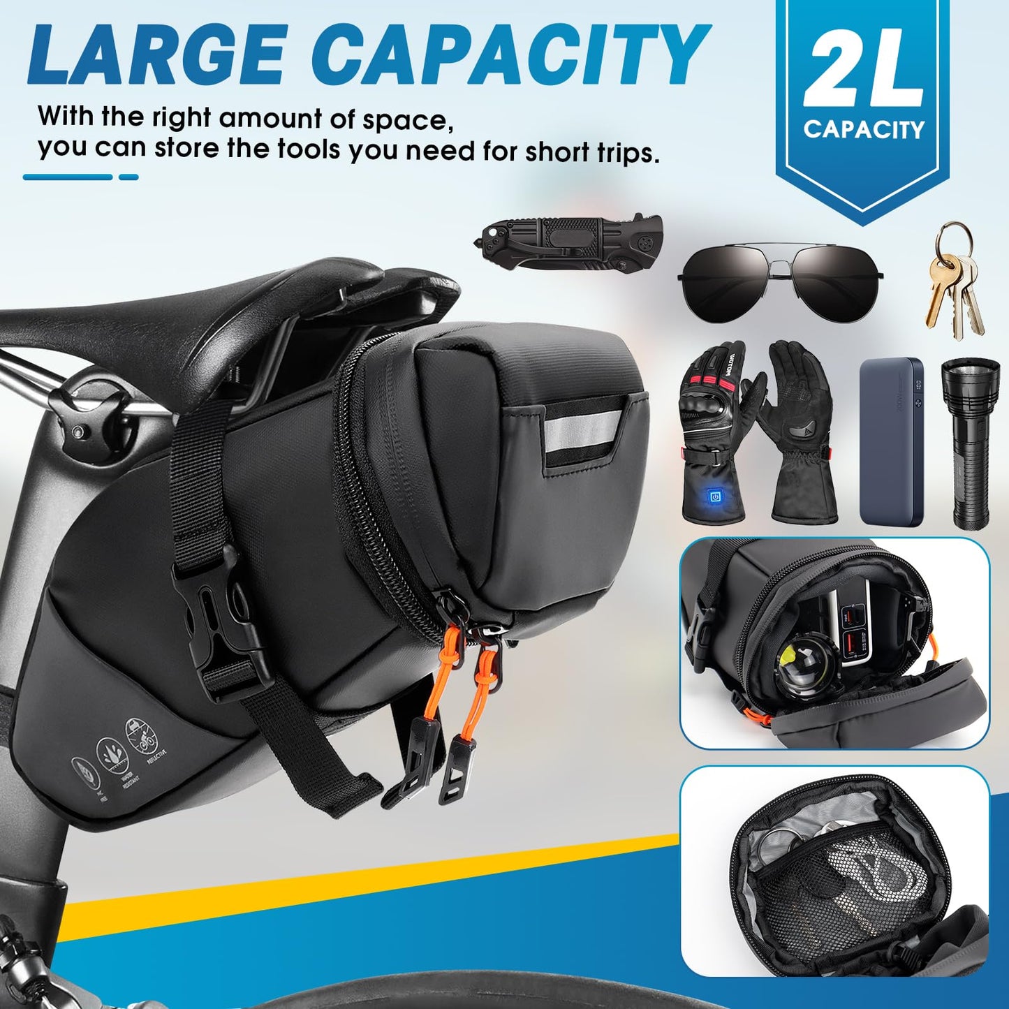BHHTBB Waterproof Bike Saddle Bags, Expandable from 1.5L to 2L capacity, with Reflective details. Perfect for Gravelbike MTB.