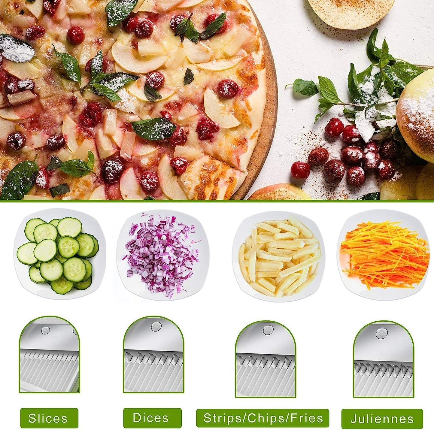 ONCE FOR ALL Vegetable slicer with collecting container, vegetable slicer ideal for cutting fries & potatoes, onion slicer cucumber slicer - dice slicer, julienne slicer.