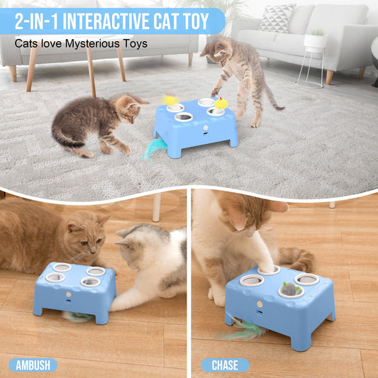 IOKHEIRA Interactive Cat Toy, 2-in-1 Automatic Cat Toy, 4-Hole Mouse-Whack-a-Mole Cat Mouse Toy with Moving Feather, USB Rechargeable Kitten Toy.