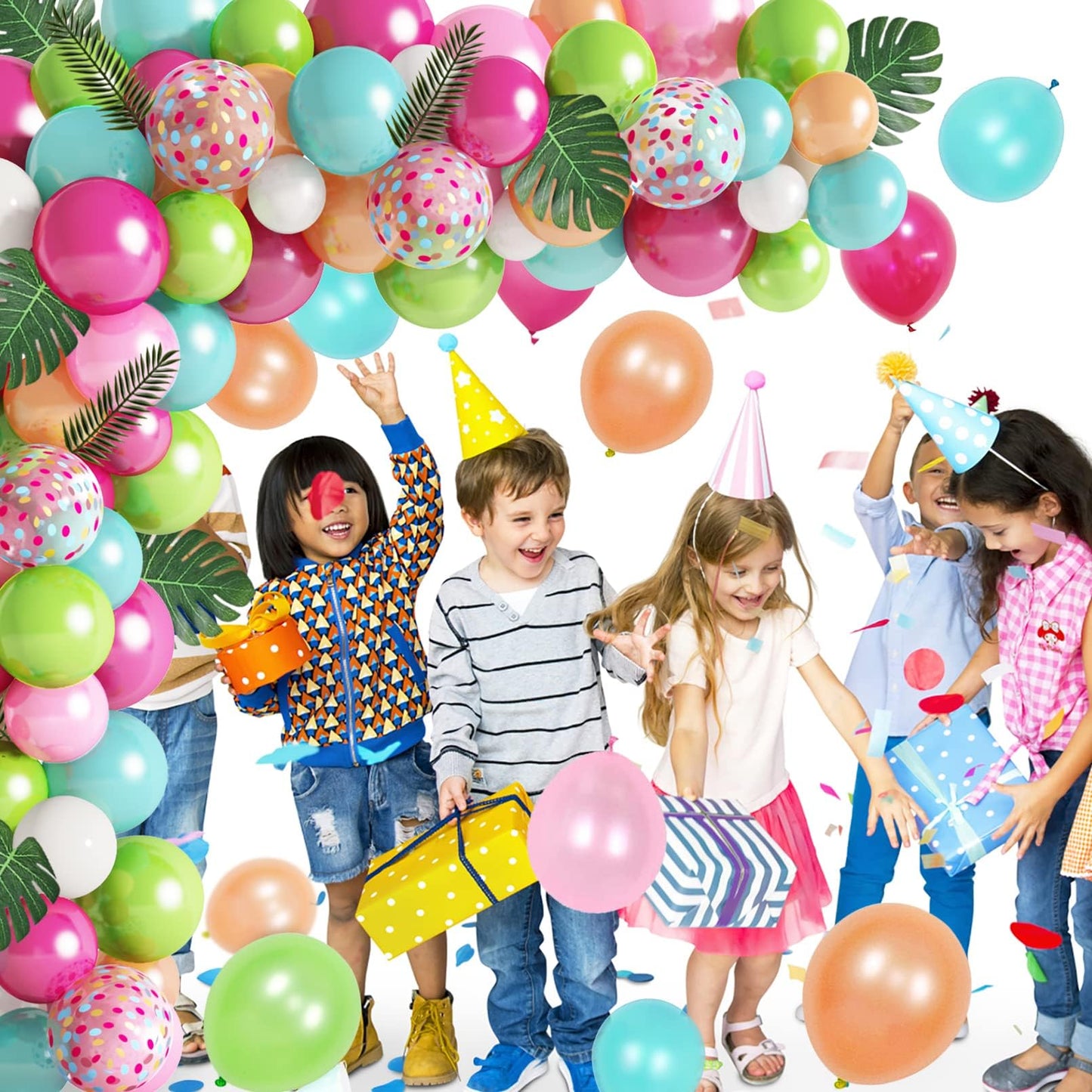 140 Piece Tropical Balloons Garland, Hawaiian Tropical Balloon Garland with Flamingo, Palm, Leaf, Latex Balloons for Summer Party.