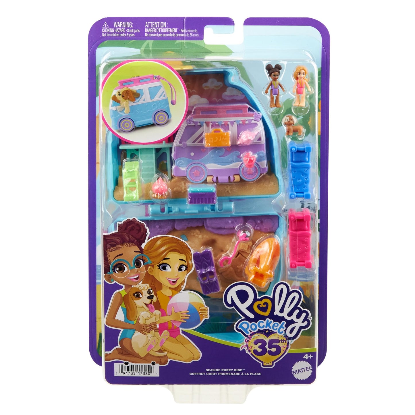 Polly Pocket Holiday at the Dog Beach Locket - Road trip adventure with 2 dolls, 12 accessories ultimate seaside campsite, campfire and lifeguard tower, for kids ages 4+, HRD36