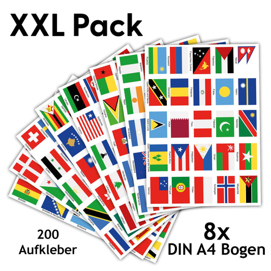 200 country flags sticker set on 8 A4 sheets, each flag 4.9x3.3cm, for model making, bikes, cars, motorcycles, decoration countries R108 (XXL Worldwide)