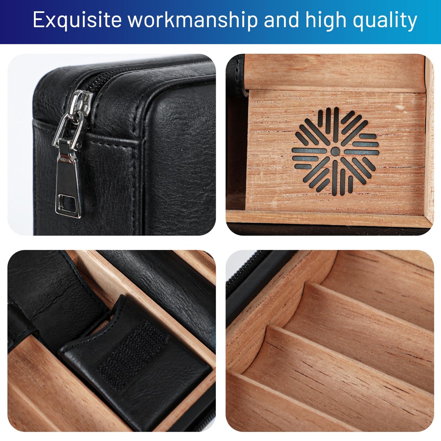 Portable leather cigar case with Spanish cedar interior and card storage. Perfect for business trips, birthdays, and Father's Day gifts. Includes cigar cutter and humidifier.