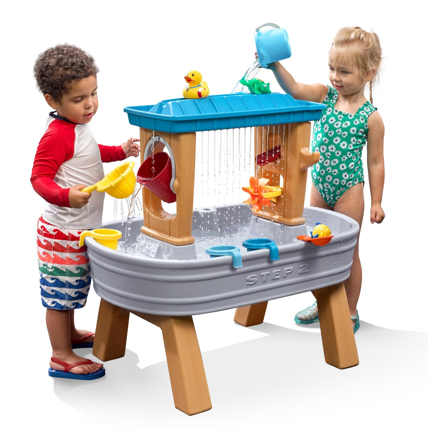 Step2 Rain Showers Splash Tub Water Play Table | Large water table with 13-piece accessory set | Garden water play table for kids in gray & brown