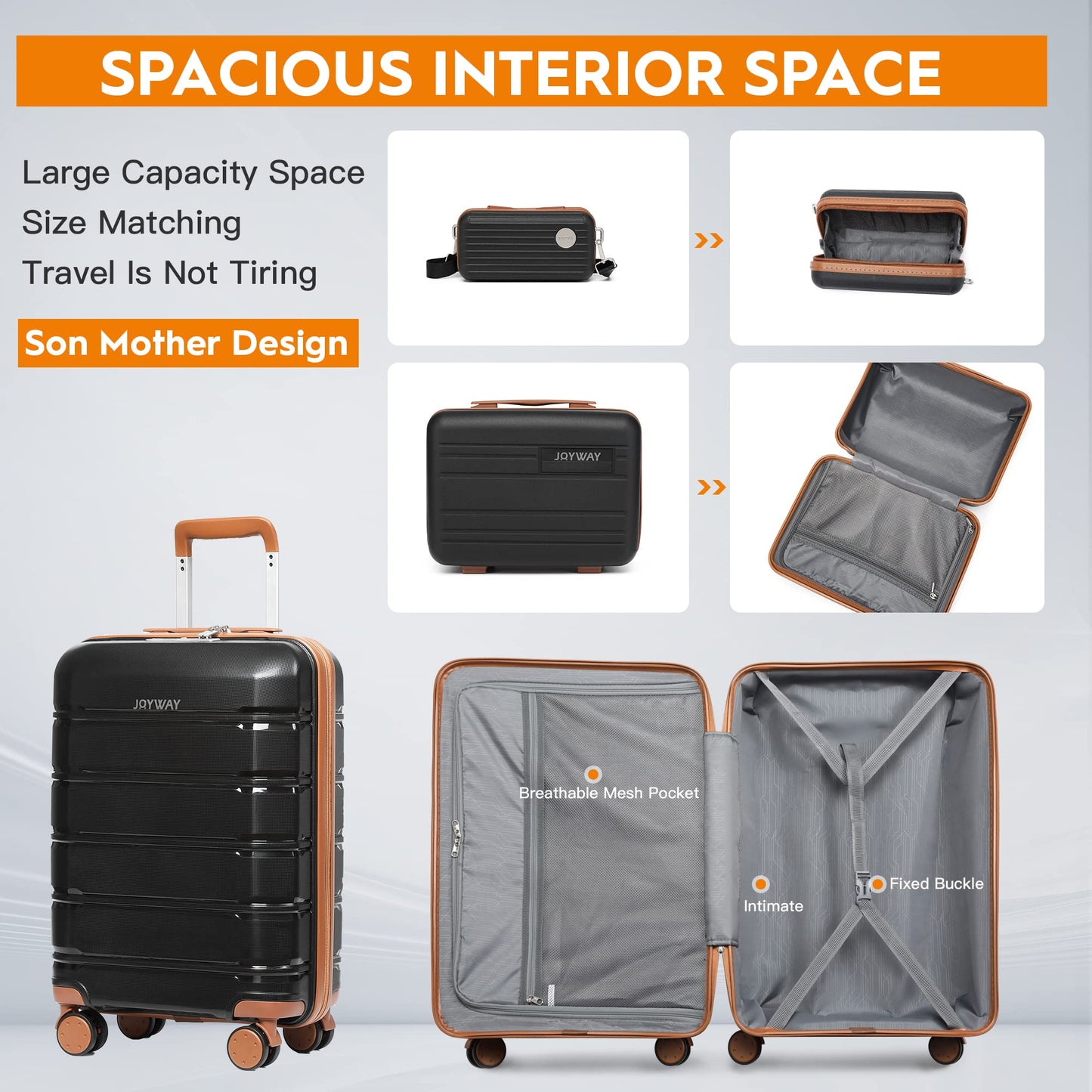 Joyway luggage set 3 pieces hard shell with 4 wheels and TSA lock. The luggage set includes 1 cosmetic case and 1 portable bag in black/brown.