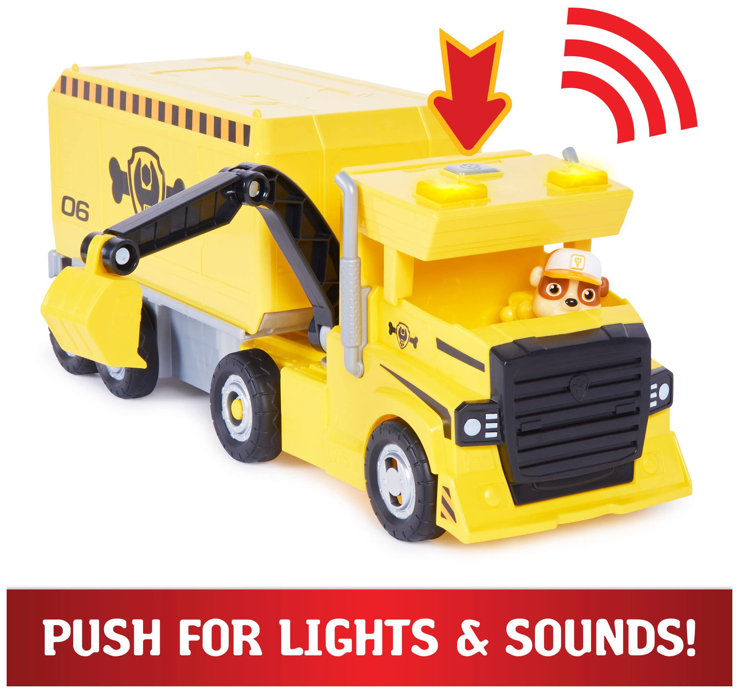 PAW PATROL 6064242 2-in-1 Rubble's Truck with digger, toy crane, lights and sounds, action figures, toy for kids ages 3 and up.