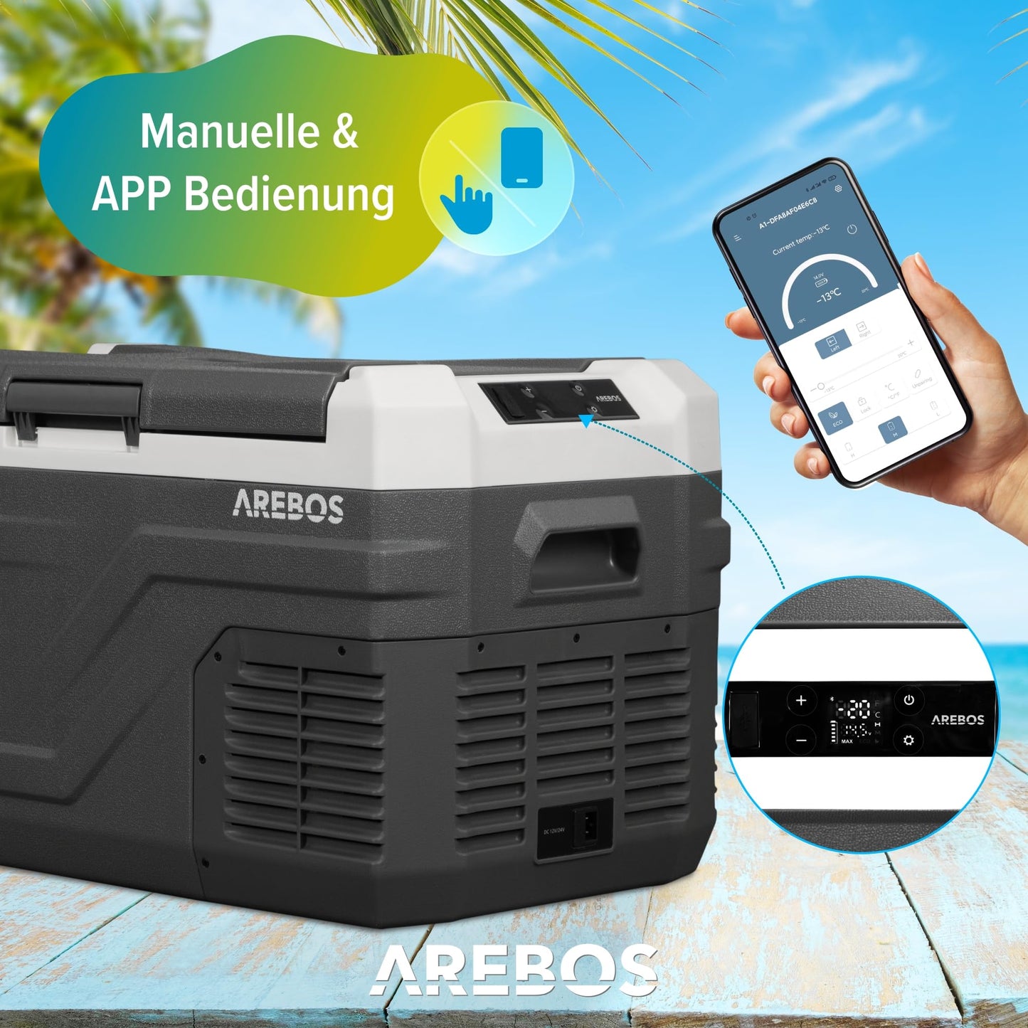Arebos Compressor Cooler Box 26 Liter | Electric Freezer Box with APP & Smart Control | Portable Cooler with USB Port | up to -20°C | 12/24 V 230V | for Car, Truck, Camping, Boat, RV