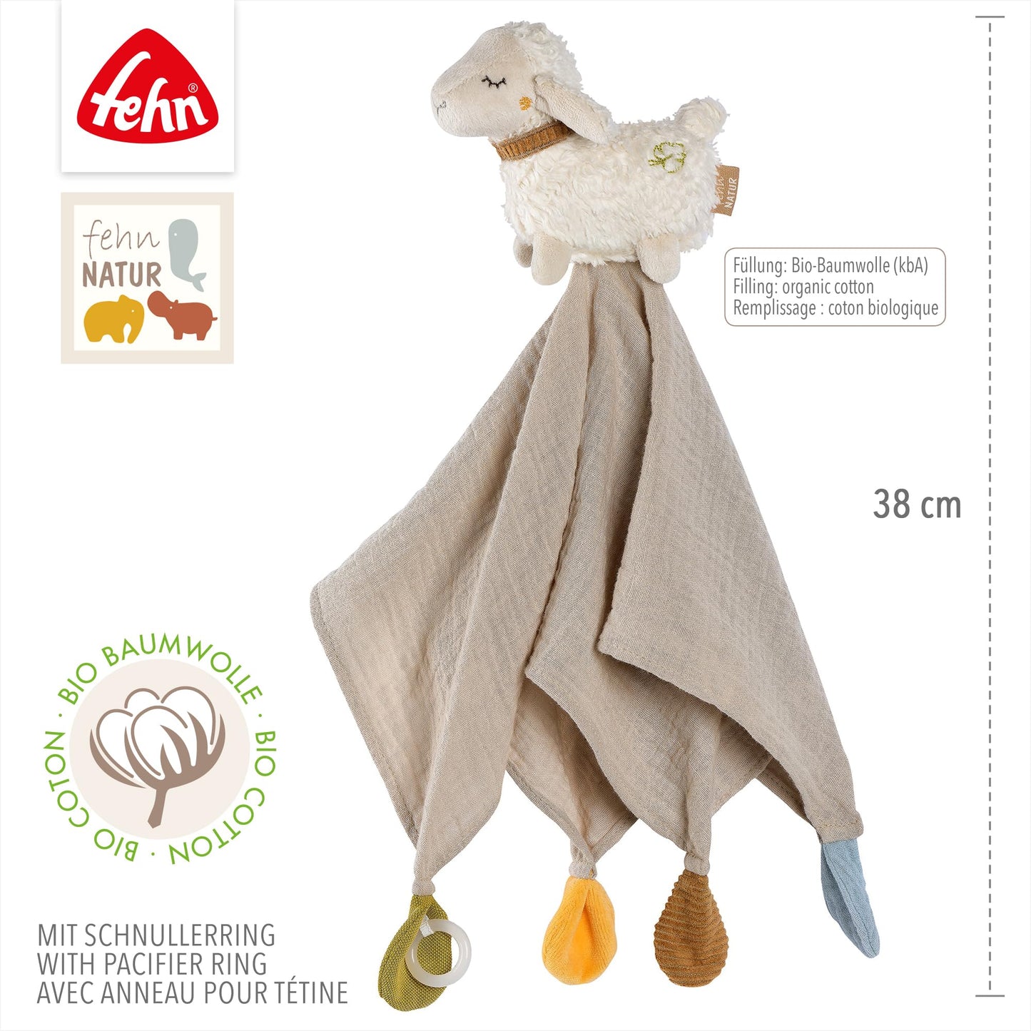Fehn Cuddle Cloth Sheep Nature - Playmate & cuddly toy comfort blanket made of organic cotton - with pacifier attachment for babies & toddlers from 0+ months.