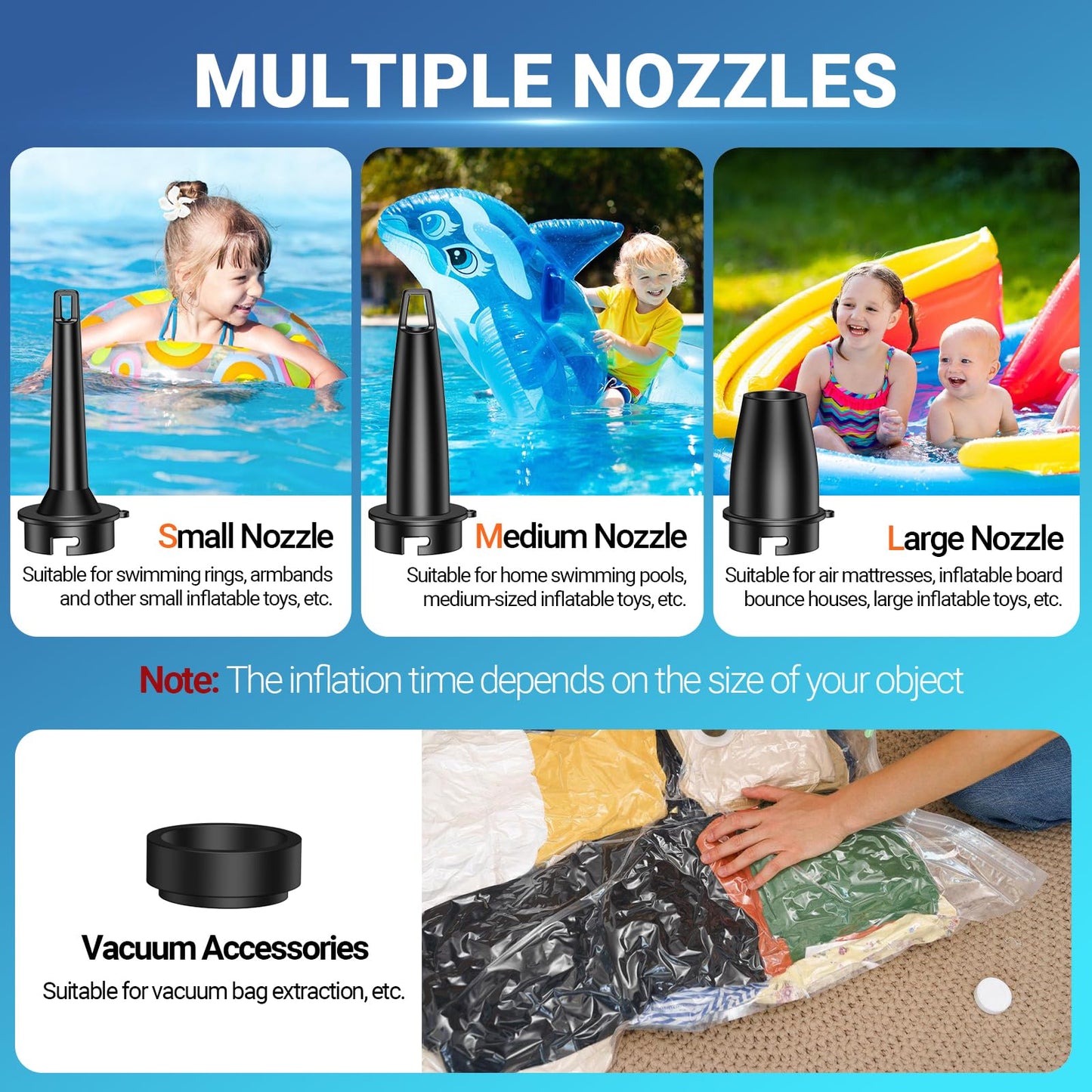 Electric air pump, 5200mAh rechargeable battery air pump portable with 3 nozzles USB-C for air mattresses, swim rings, camping. Includes bag, 280L/min. Perfect for beach, garden party, travel.