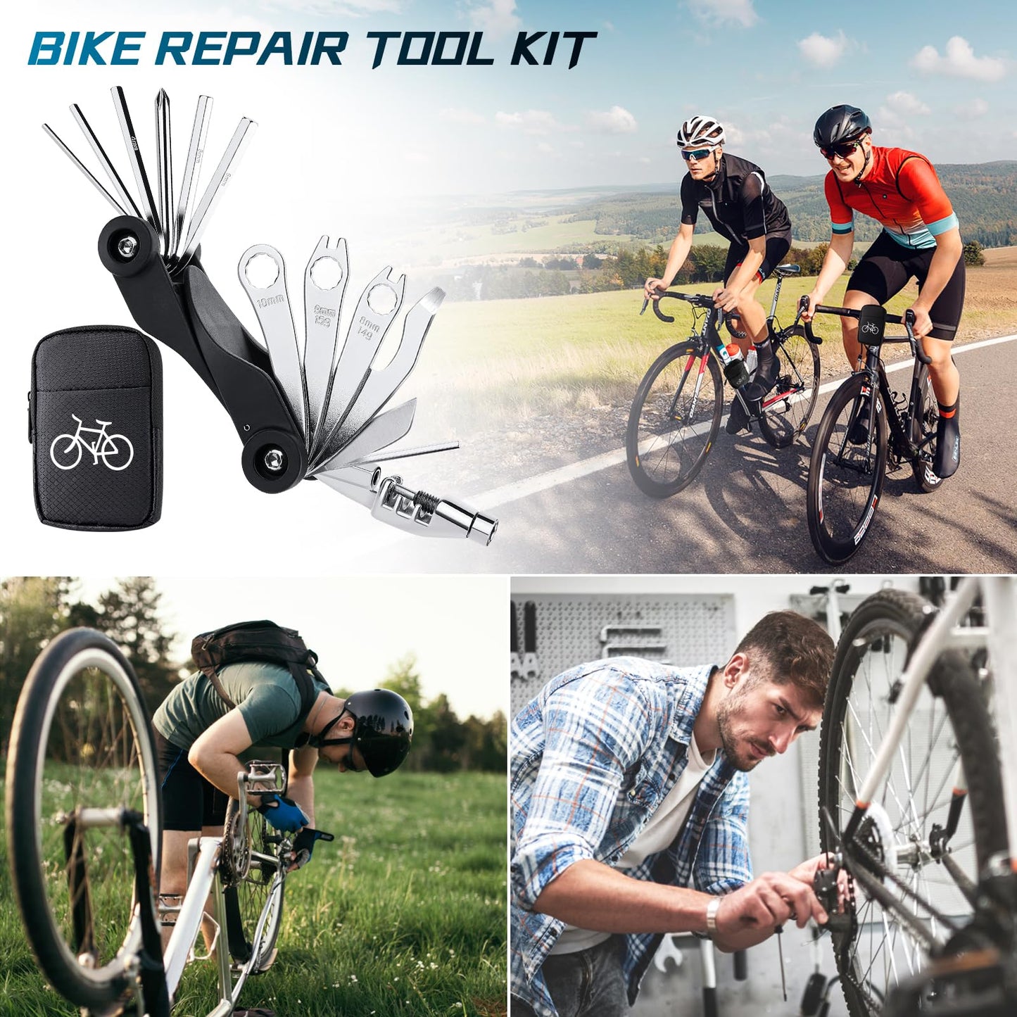 Worthfav bicycle repair kit for on the go, 17 in 1 bike tool set detachable, bike repair kit multitool saddle bag for bicycle accessories ebike kit mountain bike repair kit