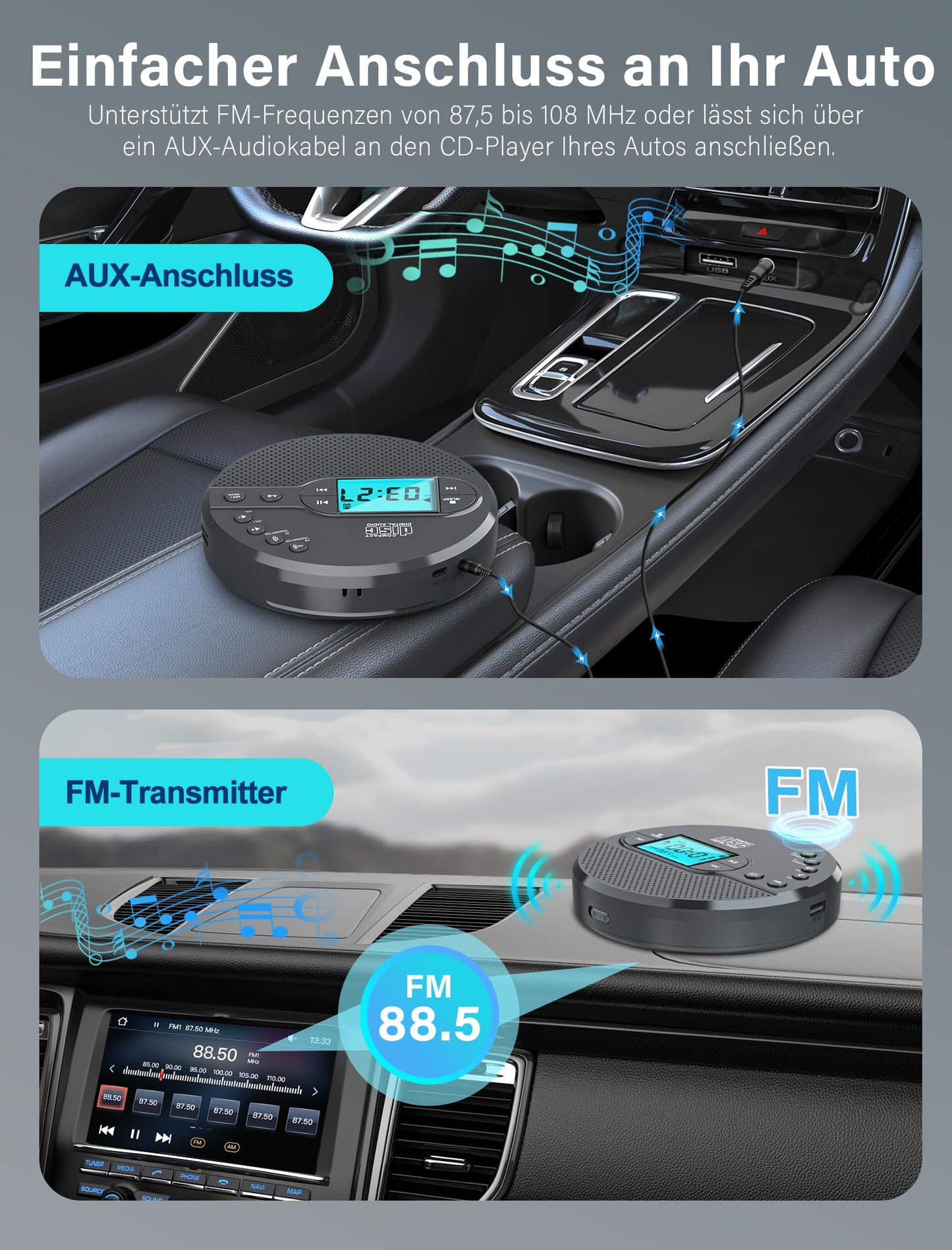 Discman CD player with Bluetooth FM transmitter, headphones, LCD screen, AUX, built-in speaker, USB connection, 2000mAh rechargeable portable CD player with anti-skip protection.