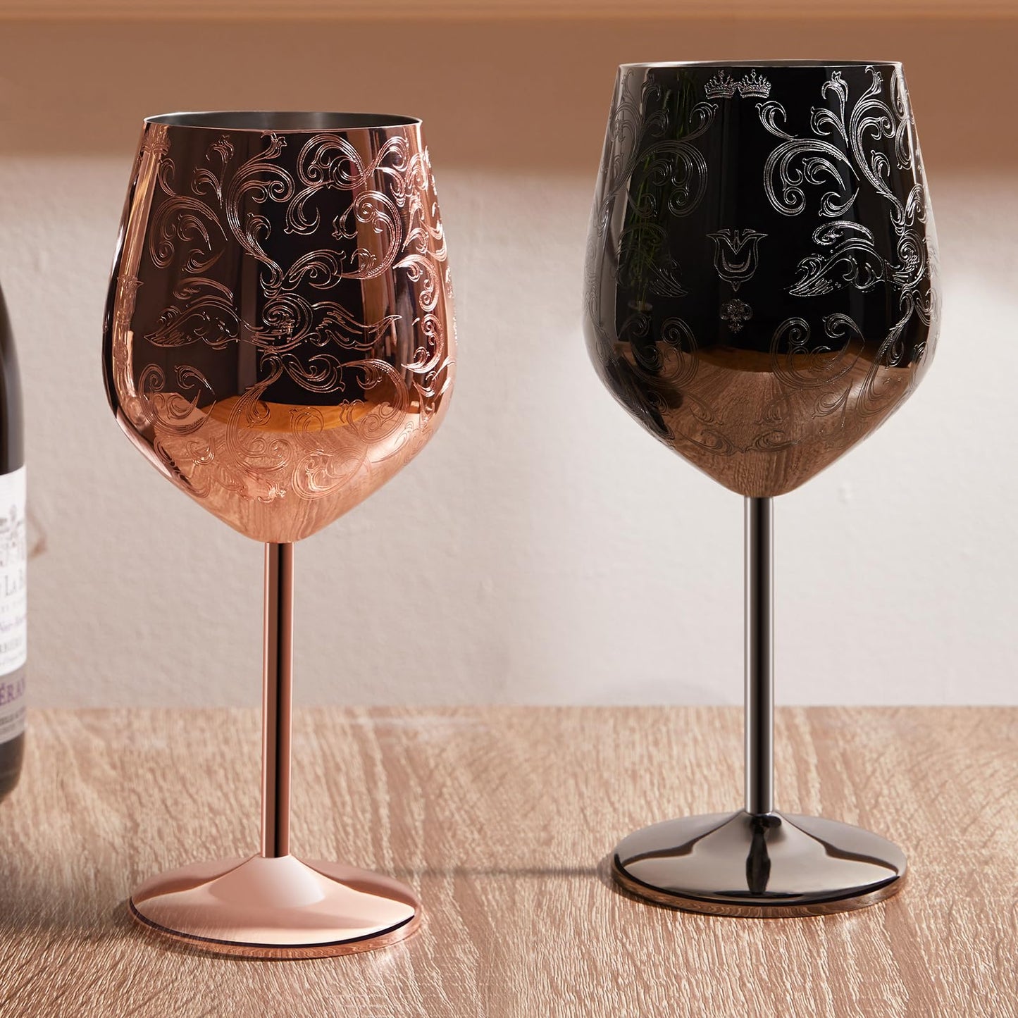 SKY FISH Stainless Steel Wine Glasses, Etched with Intricate and Authentic Baroque Engravings, Copper-Plated Wine Goblets in Royal Style, Anniversary Gift, Set of 2, Hand Wash Only, (480ml)