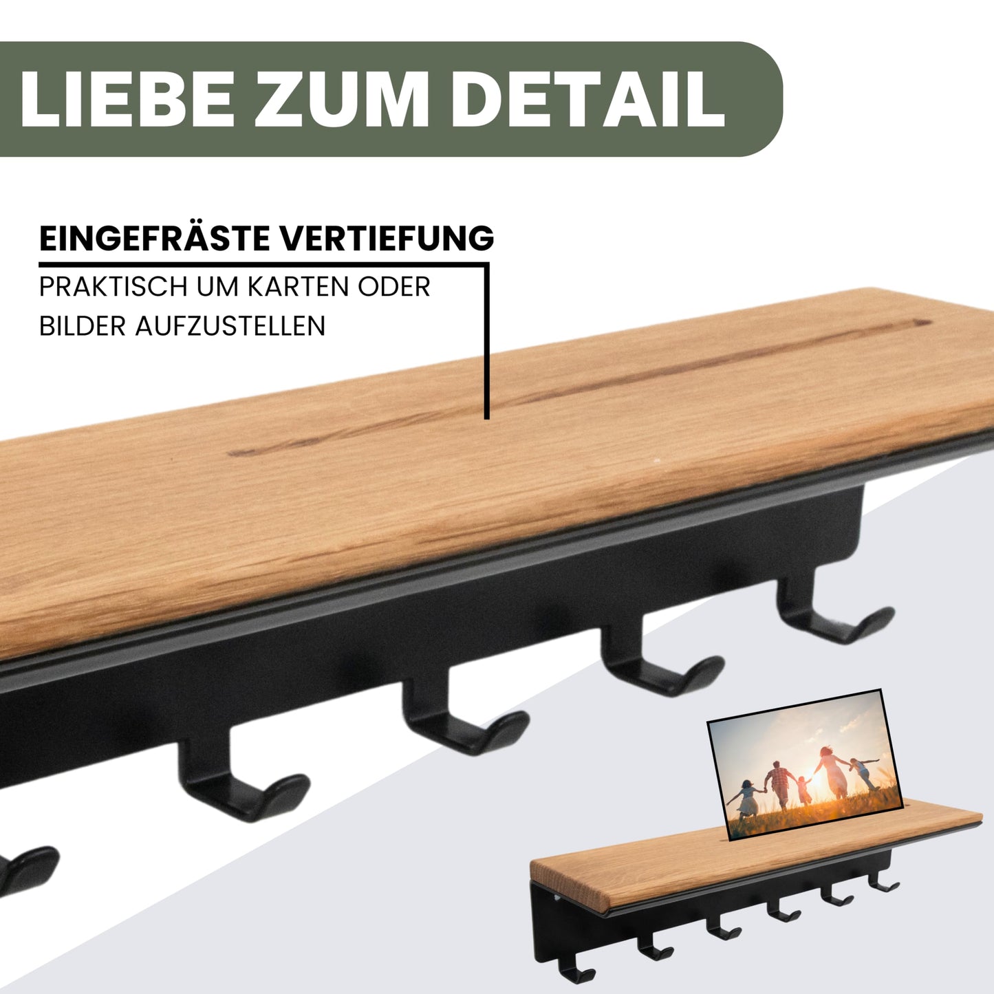 Clean® | Key rack with 6 hooks | Wooden key board | Oak | Wall organizer | Key box | Key holder with shelf | Key storage in black metal | 30x8x8cm