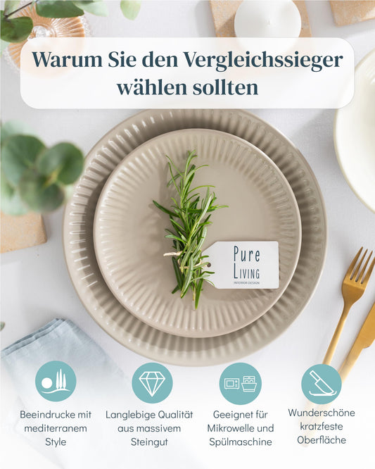 Stoneware dinnerware set for 6 people Hygge 24 pieces. WINNER, Gorgeous Scandinavian Stoneware Dinnerware Set, Bowl and Plate Set, Tableware for 6 people, Dinnerware Sets Pure Living in light brown.