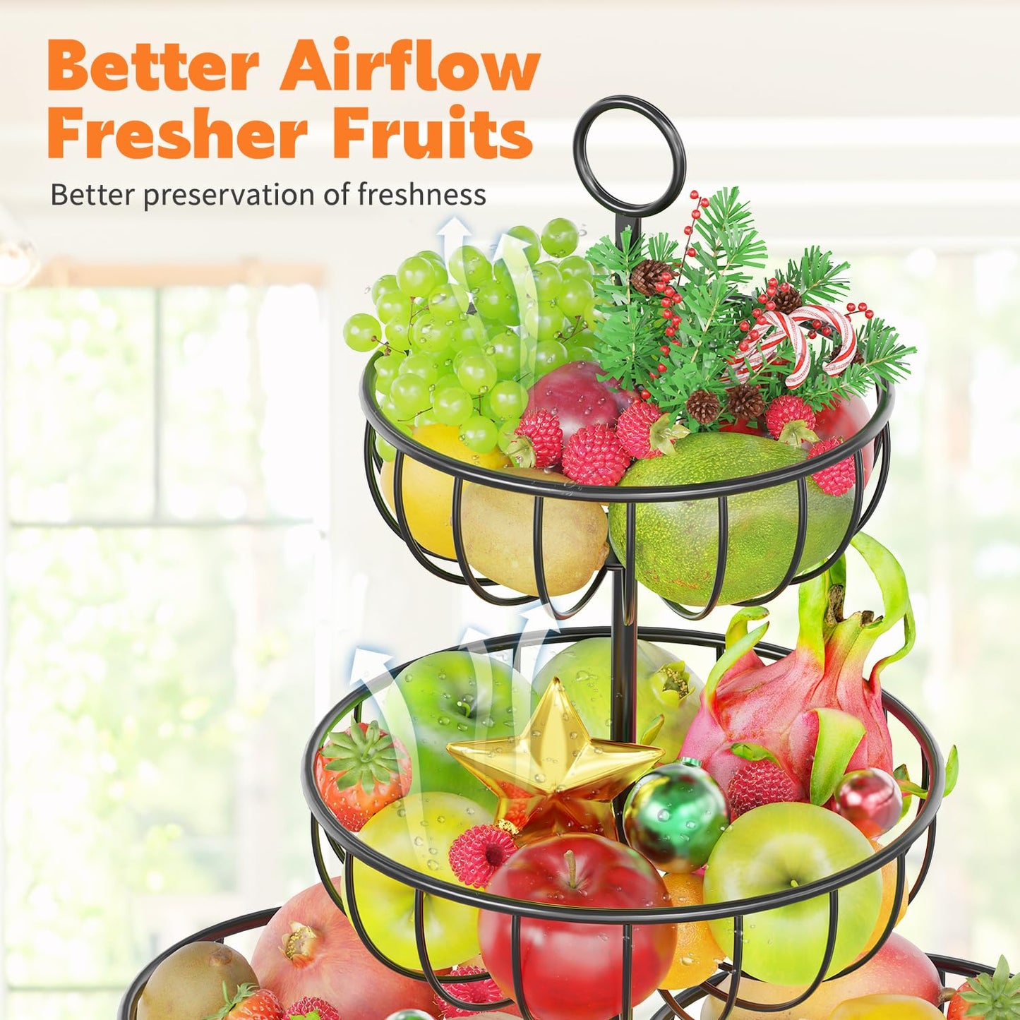 PouHenier.jh 5 floors Black Fruit Basket, Large Multi-layer Kitchen Vegetable Basket, High Metal Fruit Vegetable Stand Storage Fruit Rack, Modern Sturdy Square Fruit Container, Easy Setup
