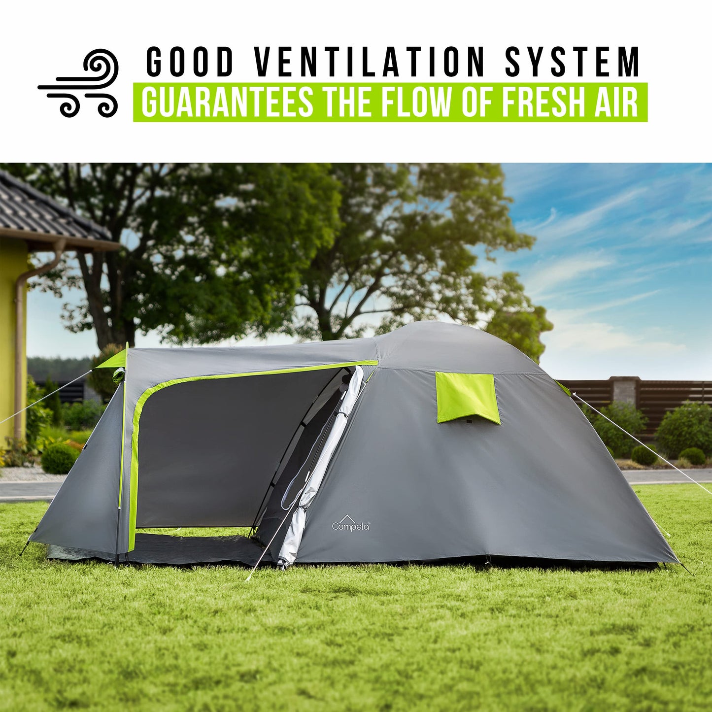Campela 3 4 person tent waterproof 3000mm with vestibule & mosquito net - camping tent family tent for outdoor, festival, hiking, vacation - quick setup tunnel tent with ventilation