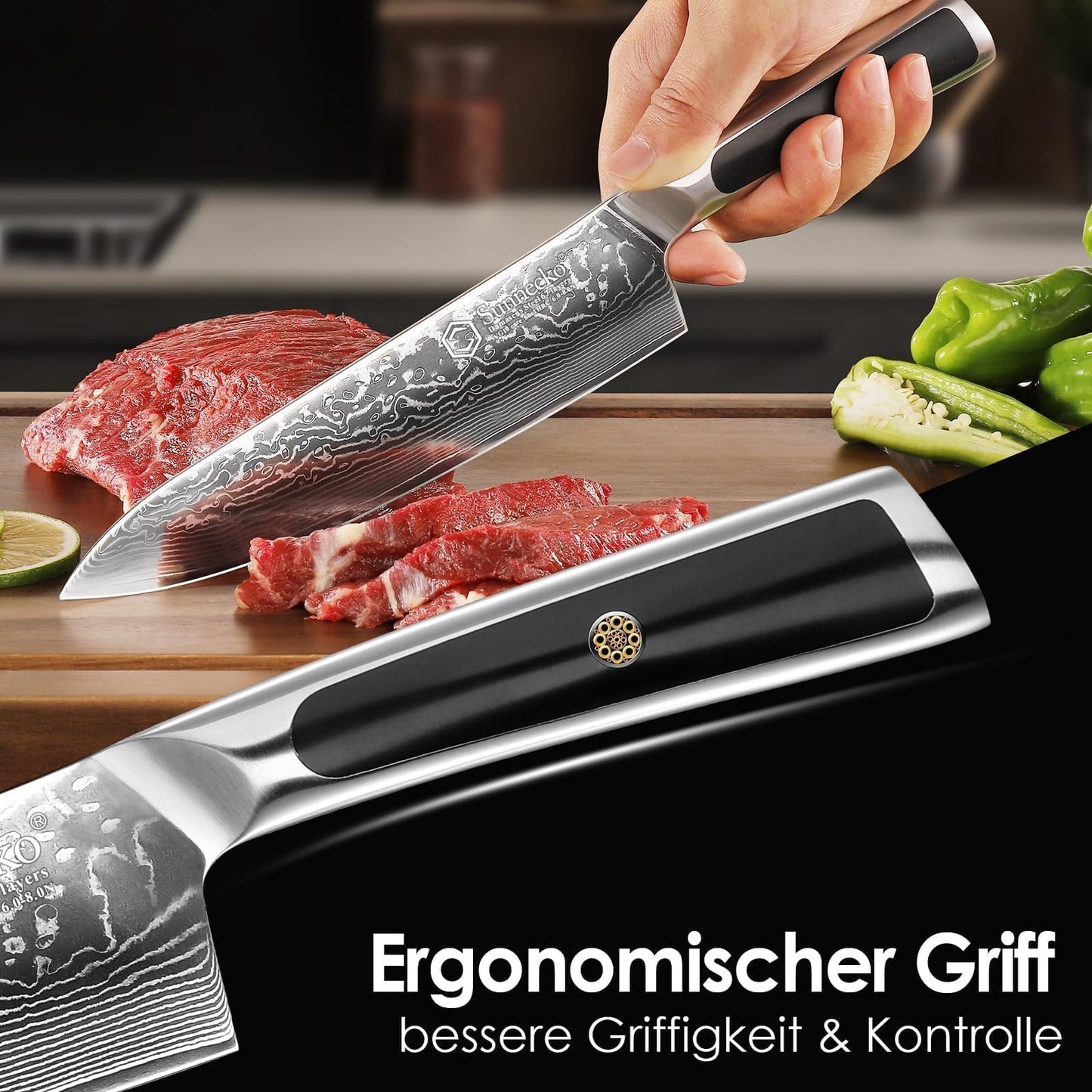 Sunnecko 20cm damascus chef knife kitchen knife - Sharp knife made of damascus steel, damascus kitchen knife with ergonomic handle, meat knife for kitchen