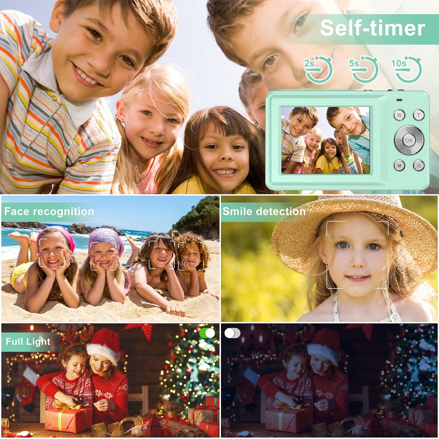 Digital camera 44MP 1080P HD photo camera with 32GB card, compact camera 16X digital zoom with 2 rechargeable batteries, camera for kids, teenagers, beginners, boys, girls (green)