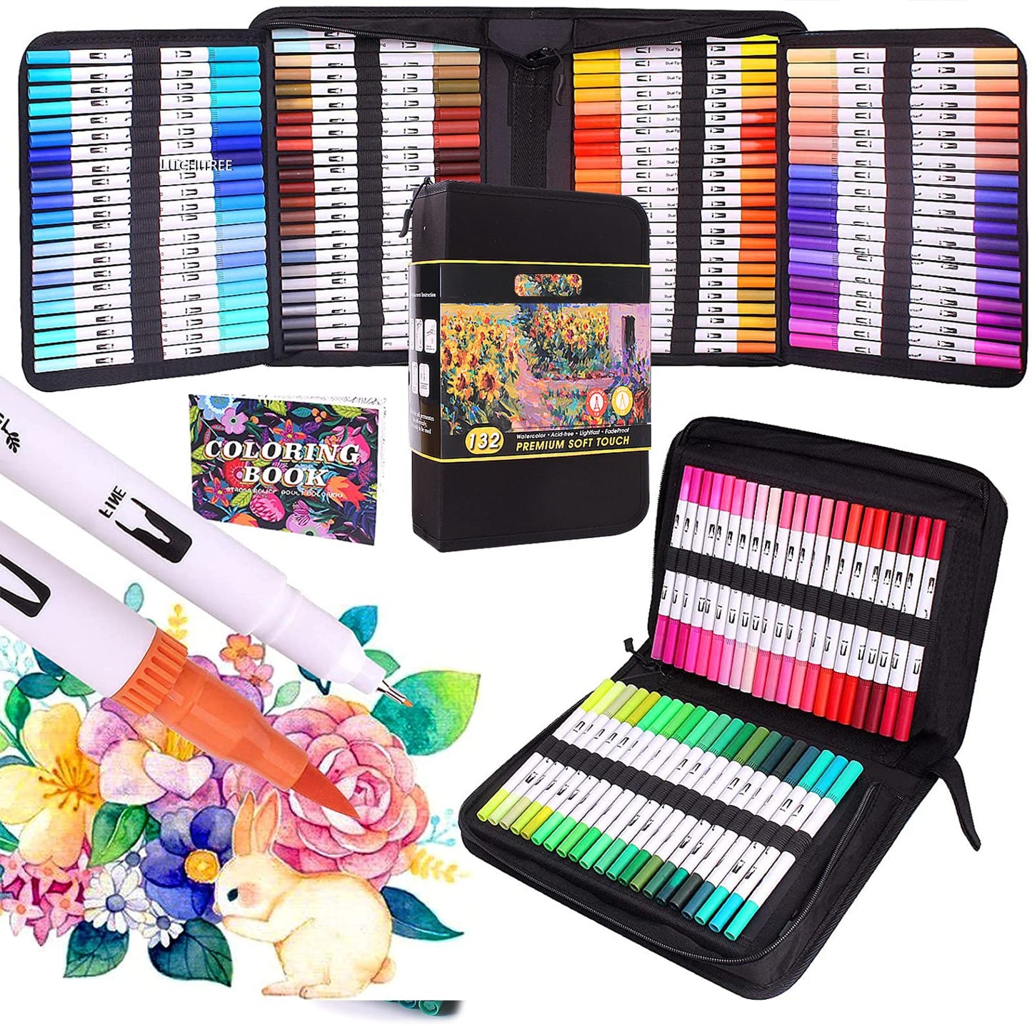 Bonala Brush Pen Set, 132 dual-tip brush markers for adults for calligraphy, drawing, painting - gift for kids.