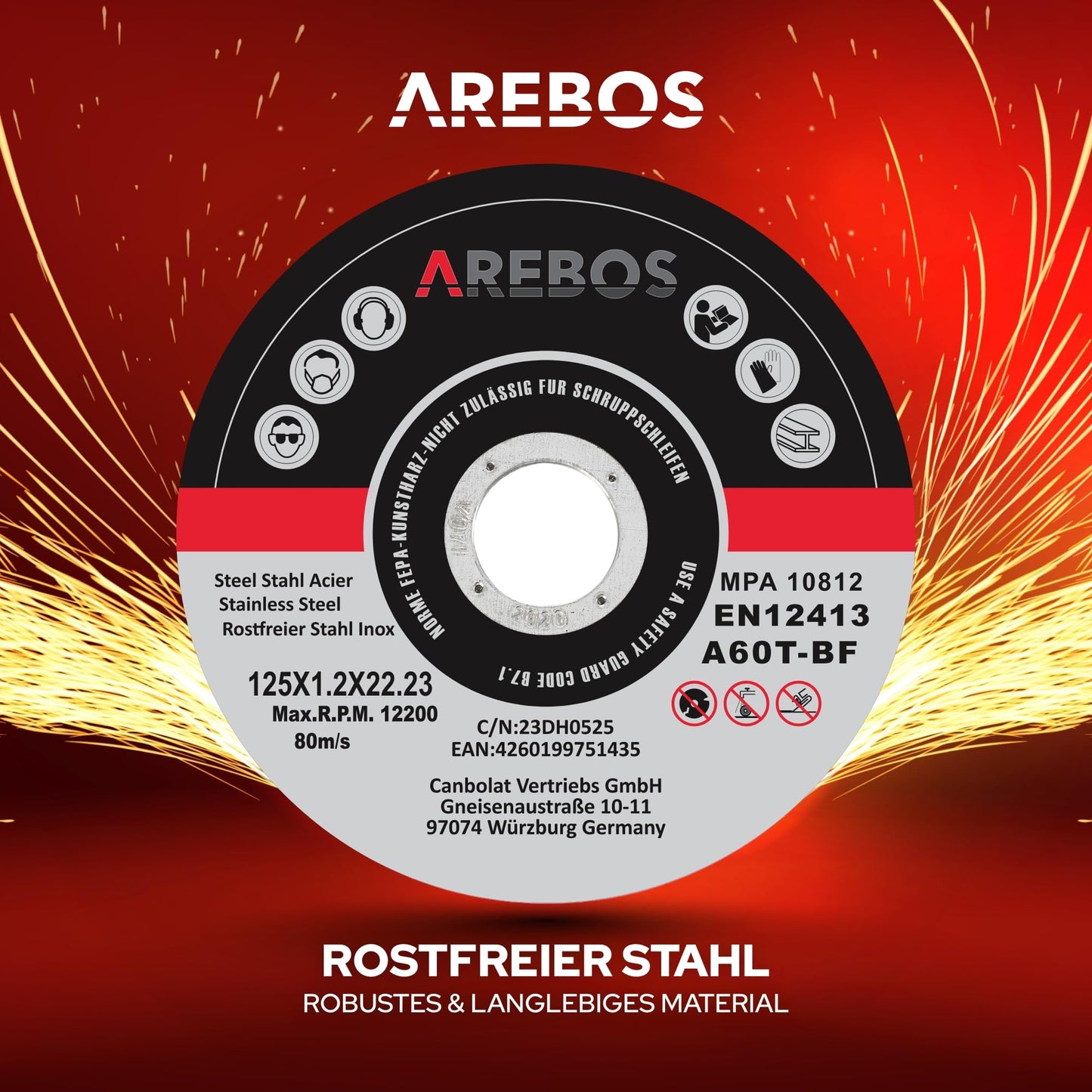 Arebos cutting discs Ø 125 mm, 400 pieces | suitable for steel, stainless steel, inox, iron, sheet metal, metal | Forward and reverse rotation | EN 12413 | certified by the Material Testing Institute (MPA)