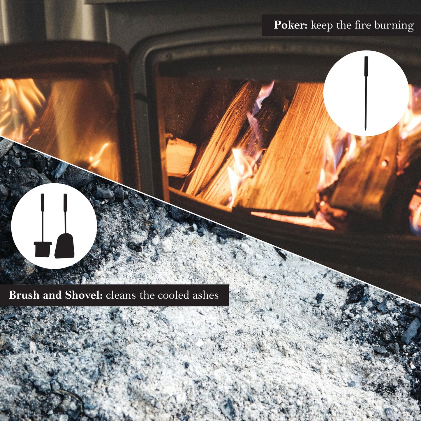 JVL Belmont modern fireplace tool set, Steel, black, 23 x 15 x 45 cm, 3 pieces