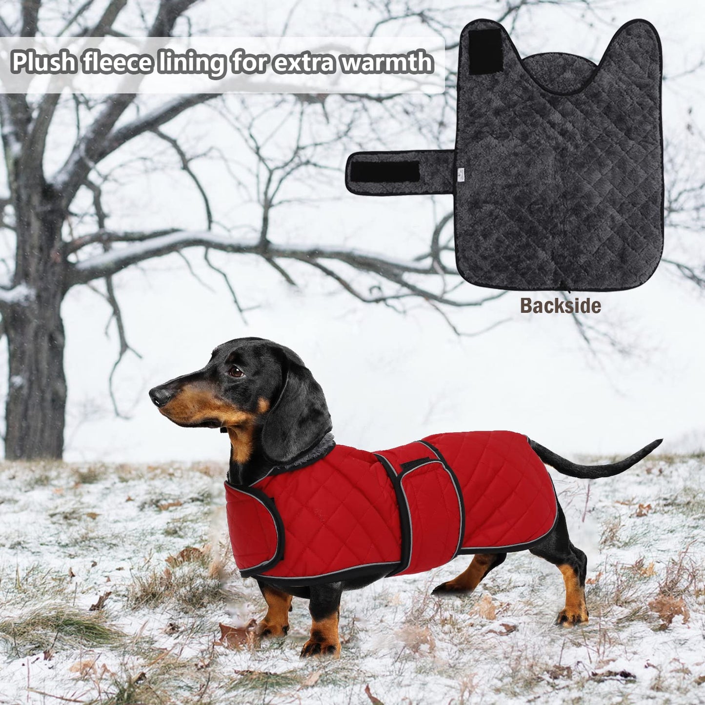 Geyecete - Warm winter coat for dachshund dogs, dog winter jackets with plush lining, outdoor jackets with adjustable belt and harness hole, for medium and small dachshunds-Red-M