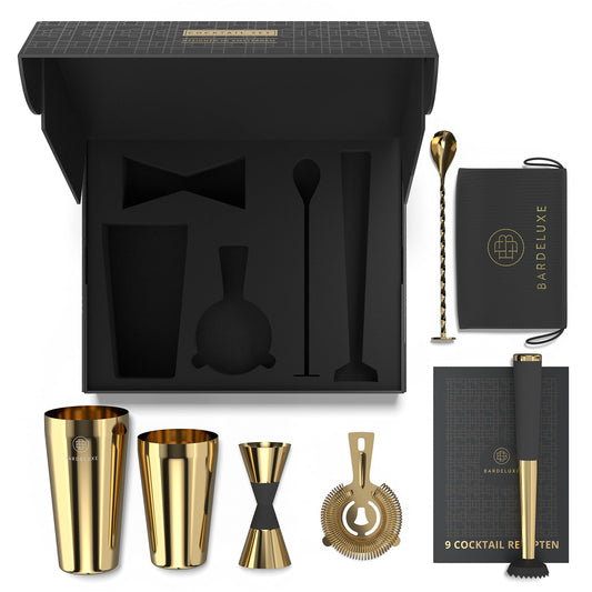 BarDeluxe® Boston Shaker Set 5-piece, Bartender Set, Cocktail Mix Set - 750ml Boston Cocktail Shaker, Stainless Steel Cocktail Set, Cocktail Accessories - Luxury Gift Set, Bag & recipe book (Gold)